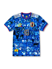 Front view of Japan × Dragon Ball special edition shirt with blue manga panel graphics, Japan crest, Dragon Ball detail, white shoulder stripes, and #10 illustrated chest number.
