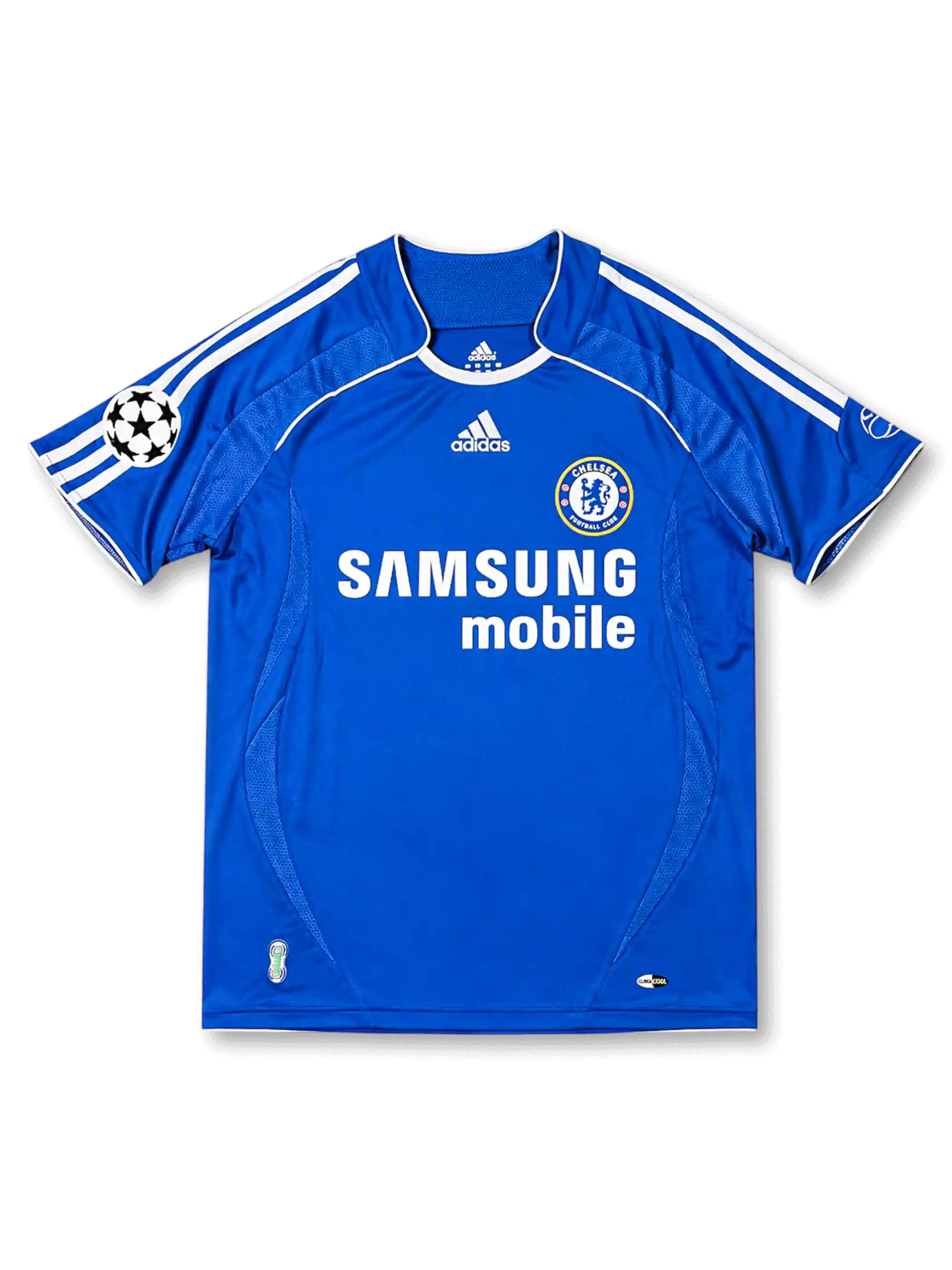 Front view of Chelsea 2006-07 home shirt with royal blue body, Samsung Mobile sponsor, Chelsea crest, white shoulder stripes, and UEFA Champions League sleeve patch.