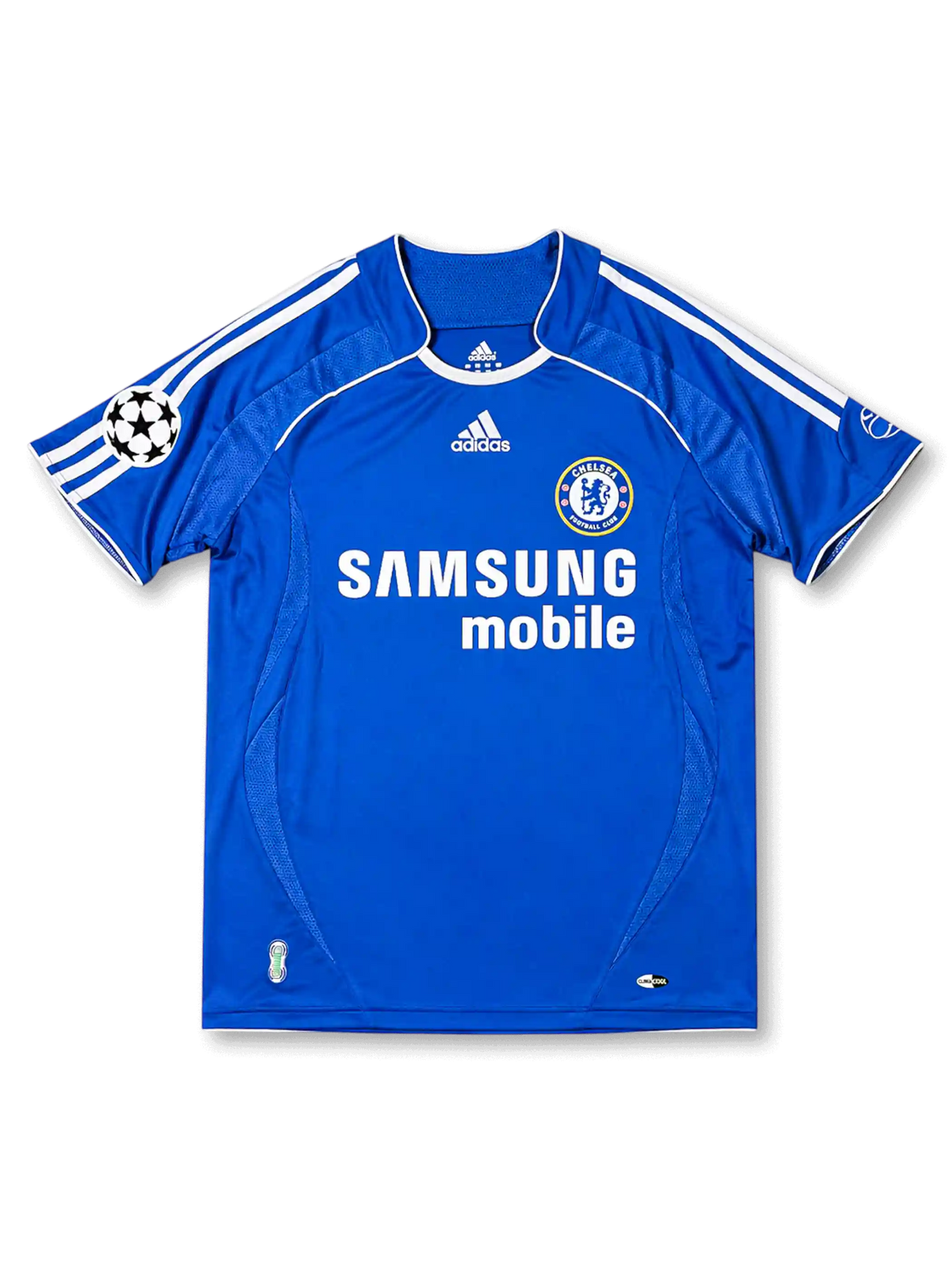 Front view of Chelsea 2006-07 home shirt with royal blue body, Samsung Mobile sponsor, Chelsea crest, white shoulder stripes, and UEFA Champions League sleeve patch.