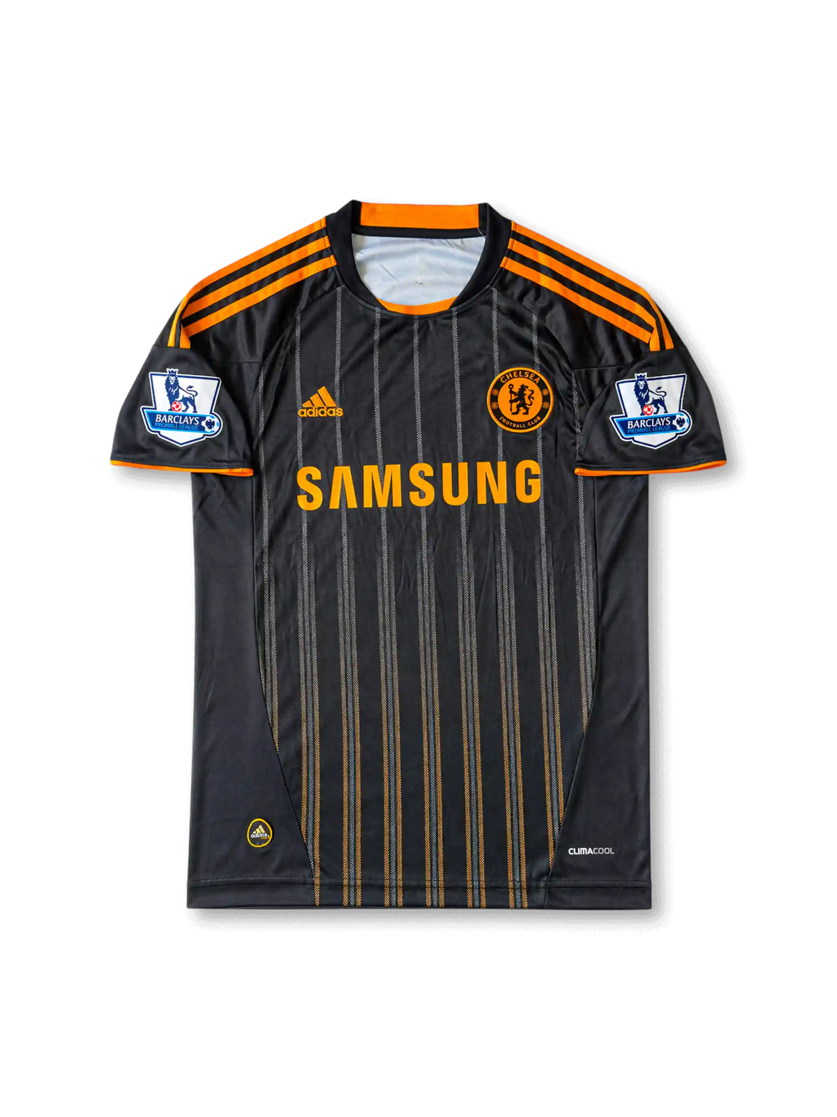 Back view of Chelsea 2010-11 away shirt with Drogba name set, #11 white print, black pinstripe body, orange sleeve trim, and Premier League sleeve patches.