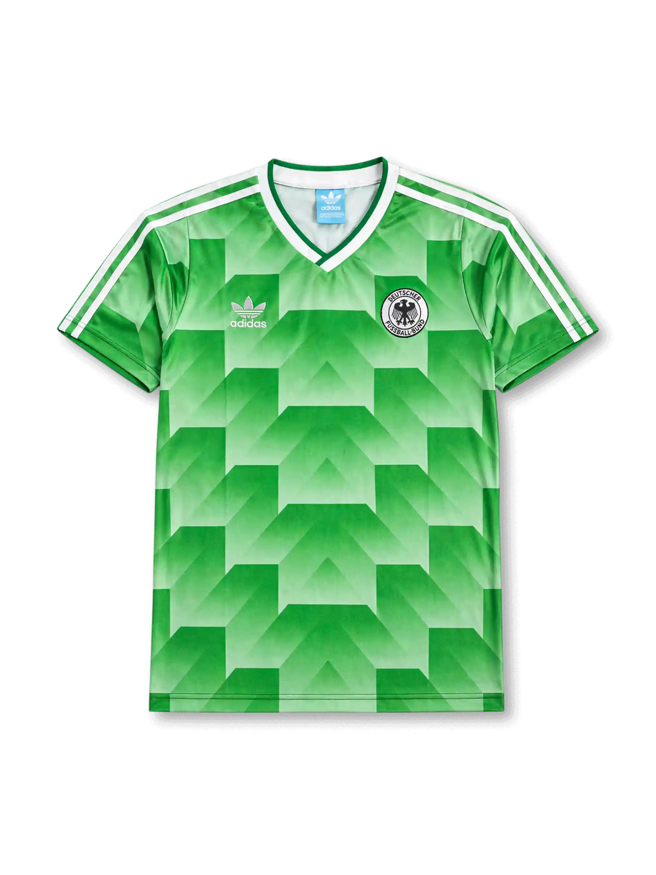 Front view of Germany 1990 World Cup away shirt with green geometric pattern, Germany crest, white V-neck collar, and white shoulder stripes.