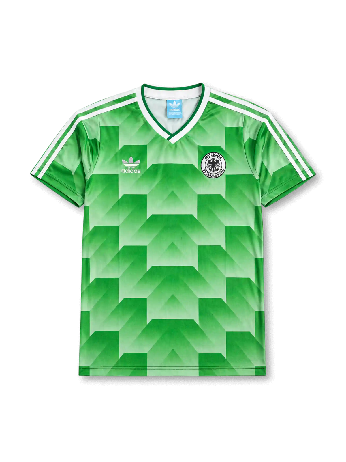 Front view of Germany 1990 World Cup away shirt with green geometric pattern, Germany crest, white V-neck collar, and white shoulder stripes.