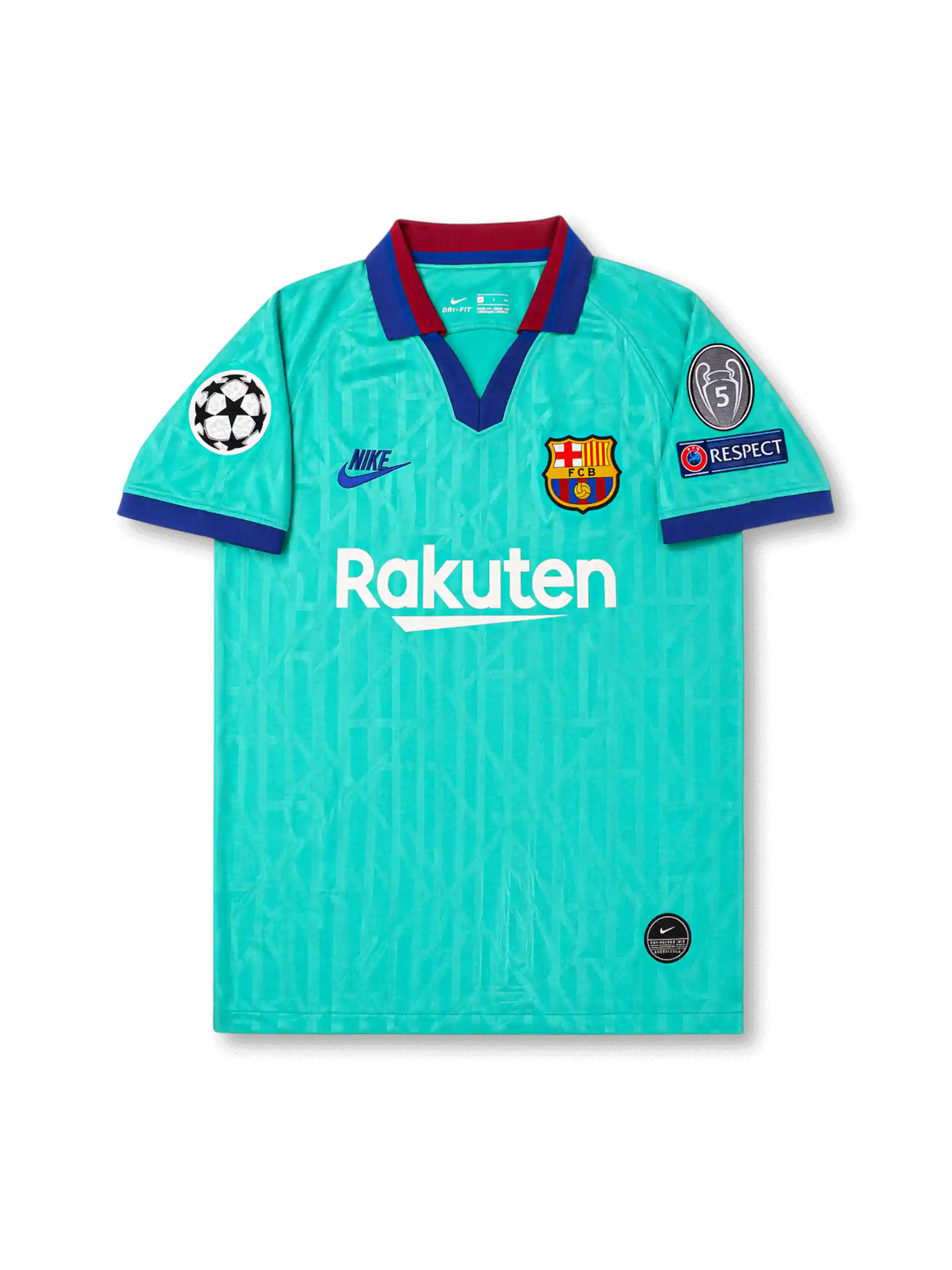 Front view of Barcelona 2019-20 third shirt with turquoise body, Rakuten sponsor, Barcelona crest, navy and maroon collar trim, and UEFA Champions League sleeve patches.