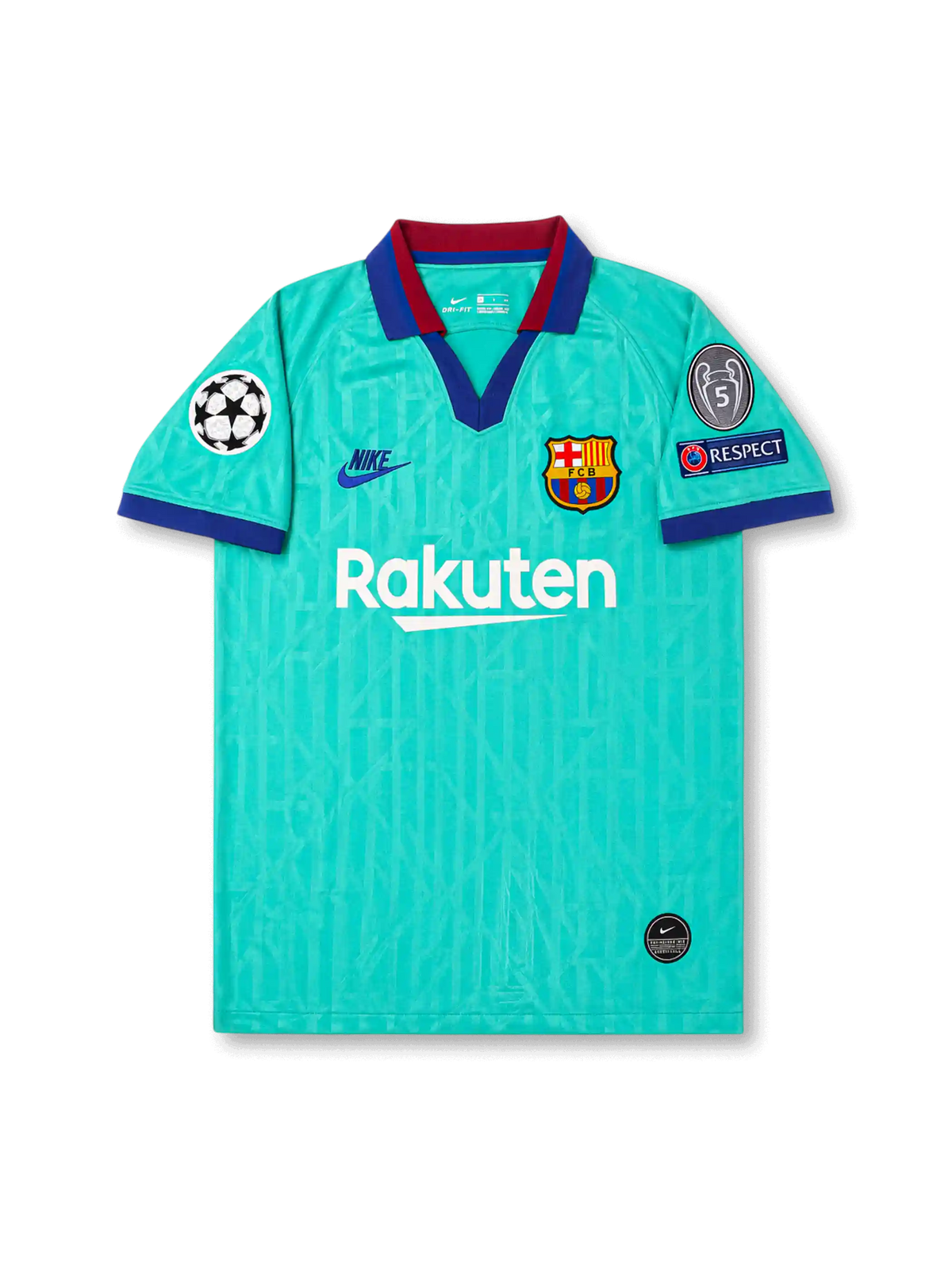 Front view of Barcelona 2019-20 third shirt with turquoise body, Rakuten sponsor, Barcelona crest, navy and maroon collar trim, and UEFA Champions League sleeve patches.
