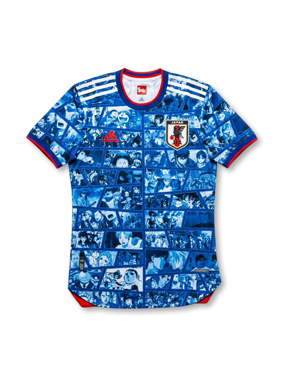 Front view of Japan anime collaboration #10 jersey in blue with manga panel graphics, Japan crest, red trim, and illustrated number detail.