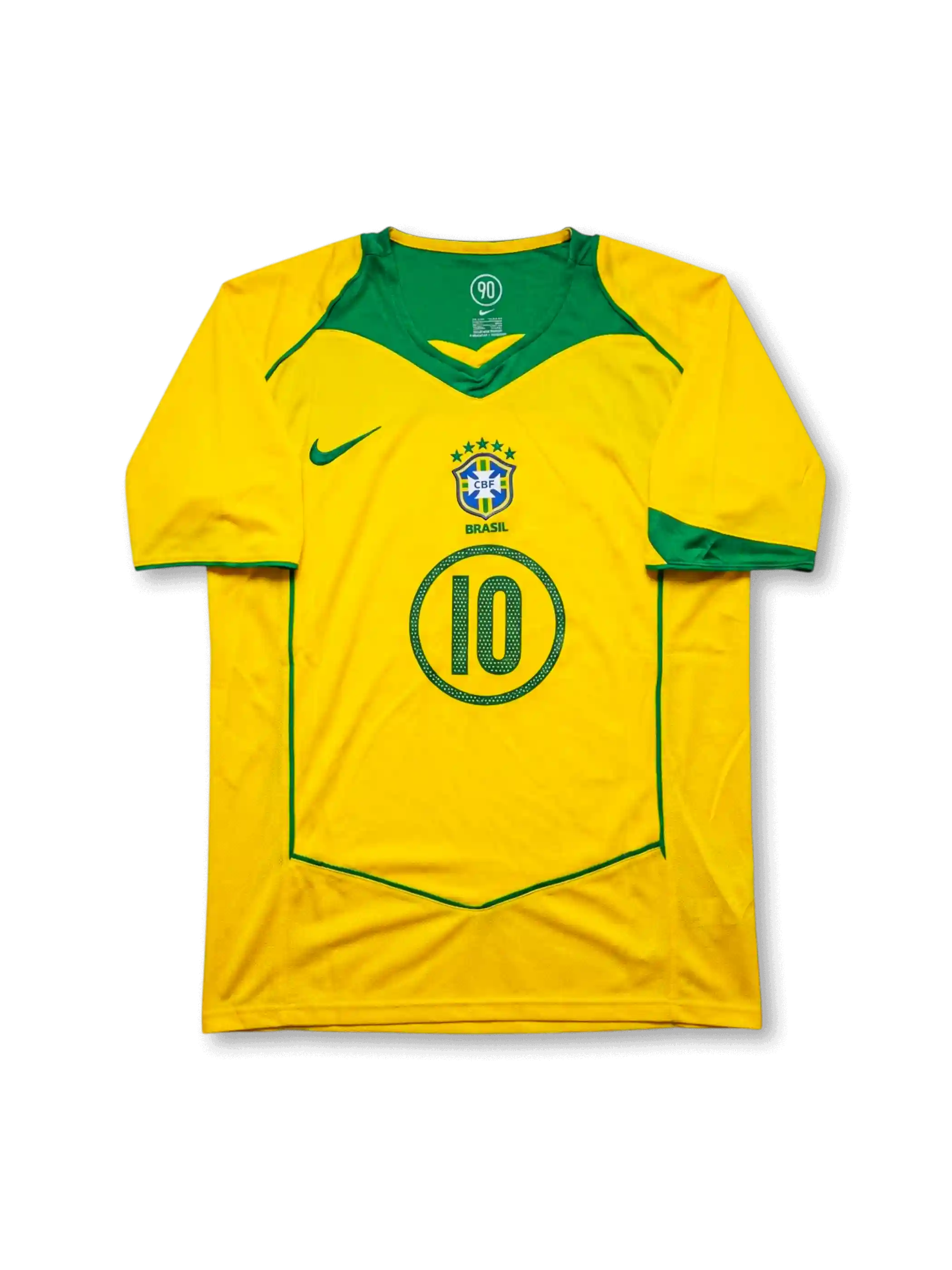 Front view of Brazil 2004 home jersey with yellow body, green chest panel, Brazil crest, and #10 front number detail.