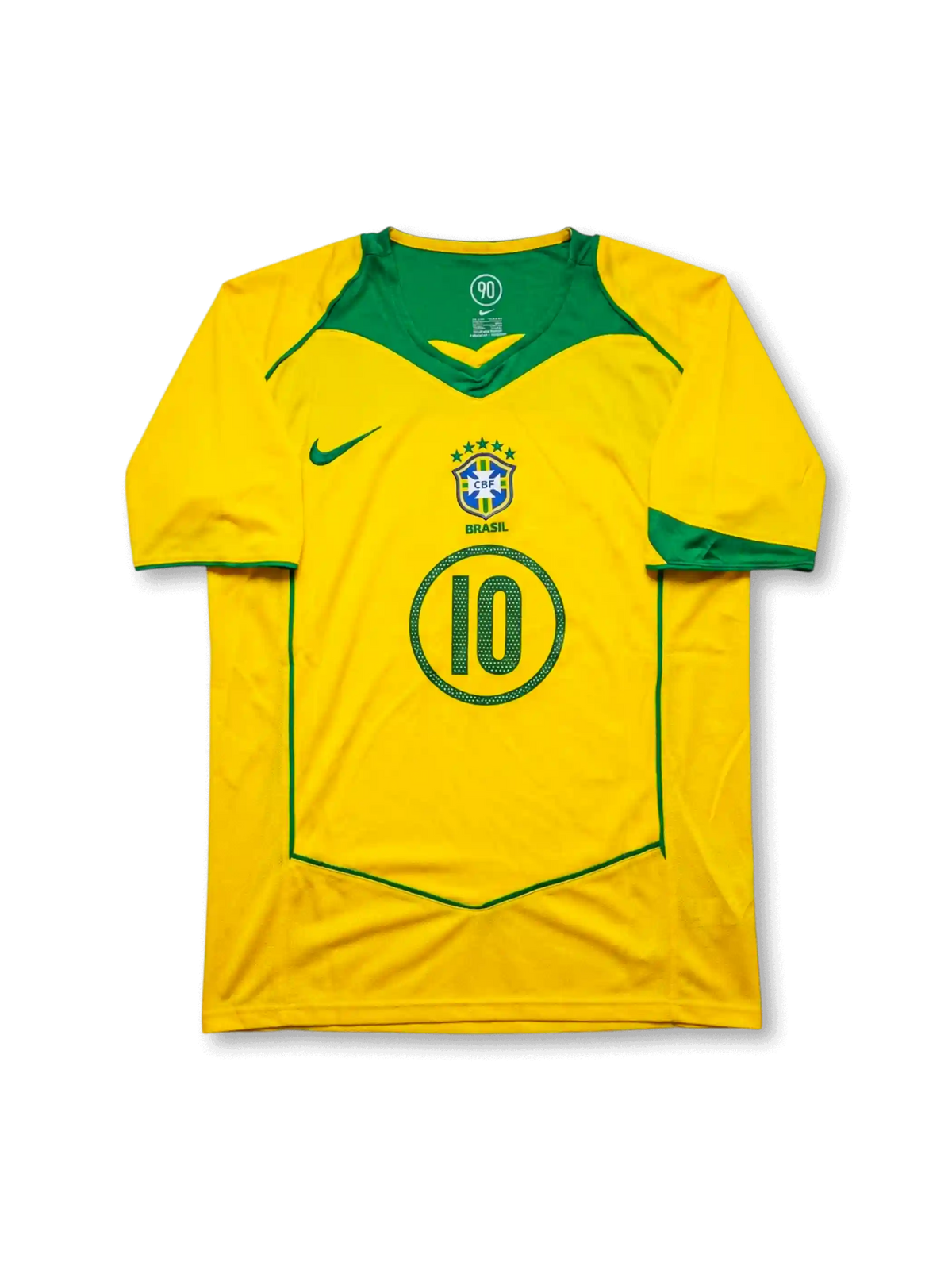 Front view of Brazil 2004 home jersey with yellow body, green chest panel, Brazil crest, and #10 front number detail.