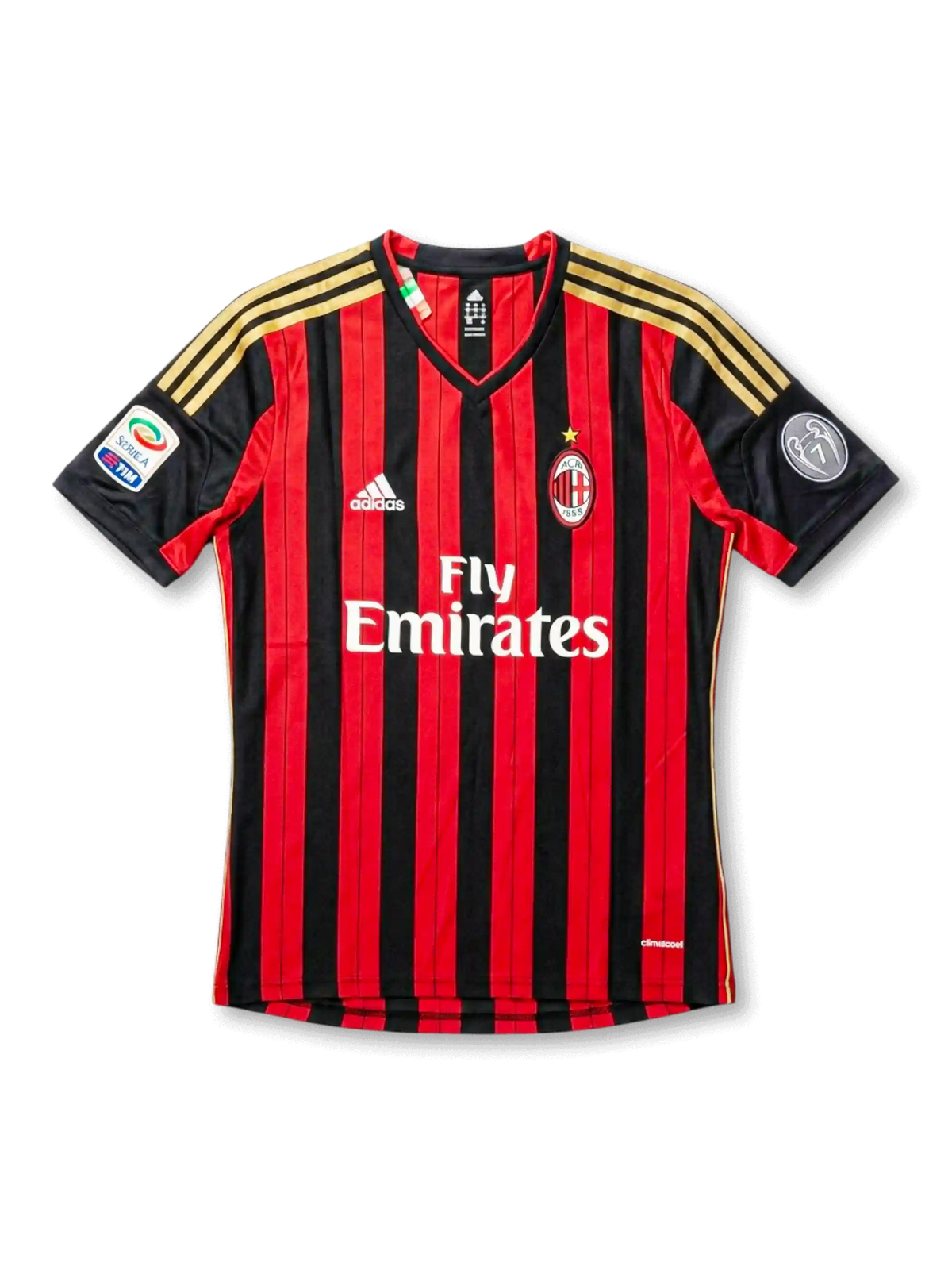 Front view of AC Milan 2013-14 home jersey with red and black stripes, gold shoulder details, club crest, sponsor, and sleeve patches.