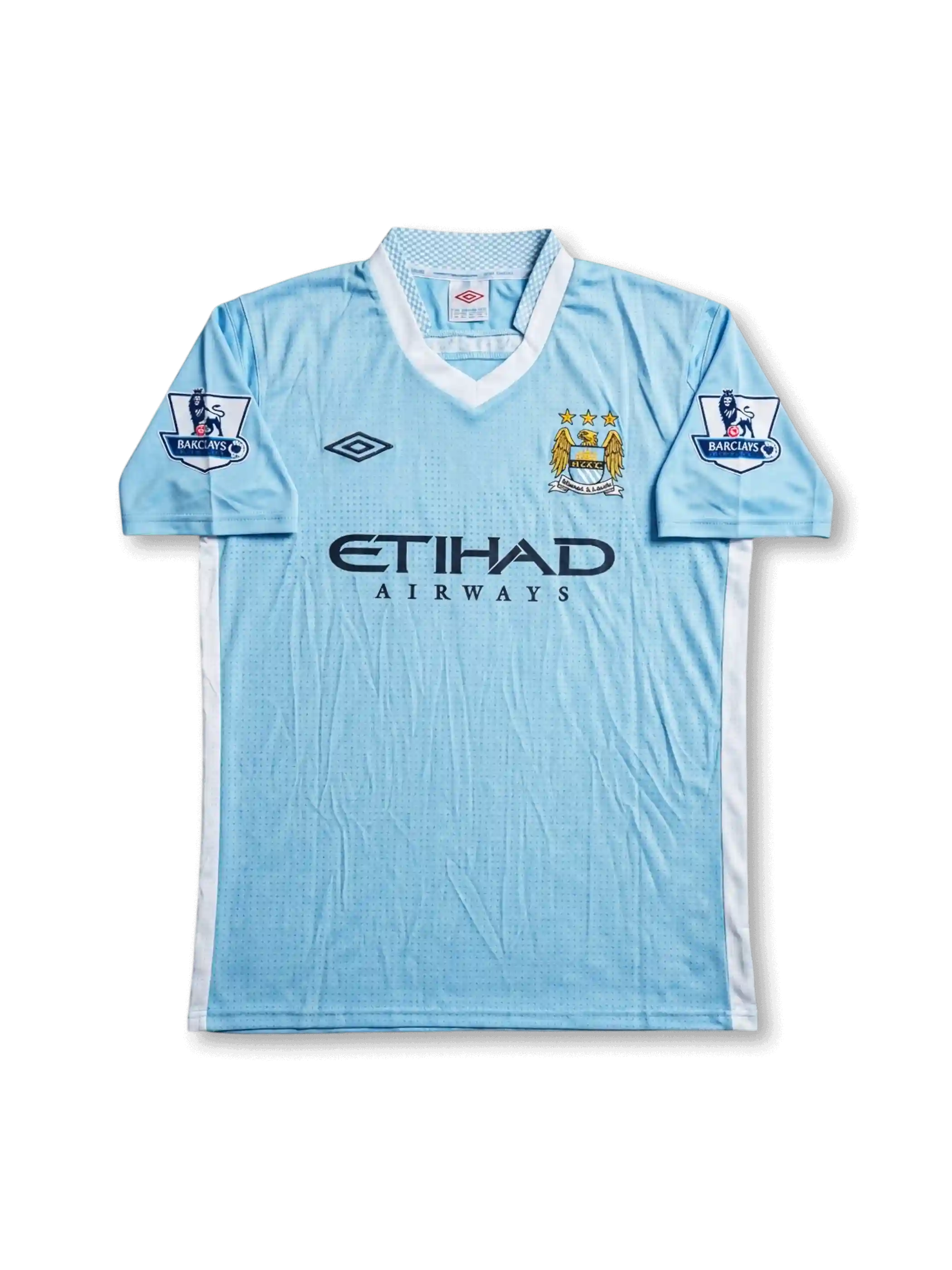 Front view of Manchester City 2011-12 home jersey with sky blue body, Etihad Airways sponsor, club crest, and Barclays sleeve patches.