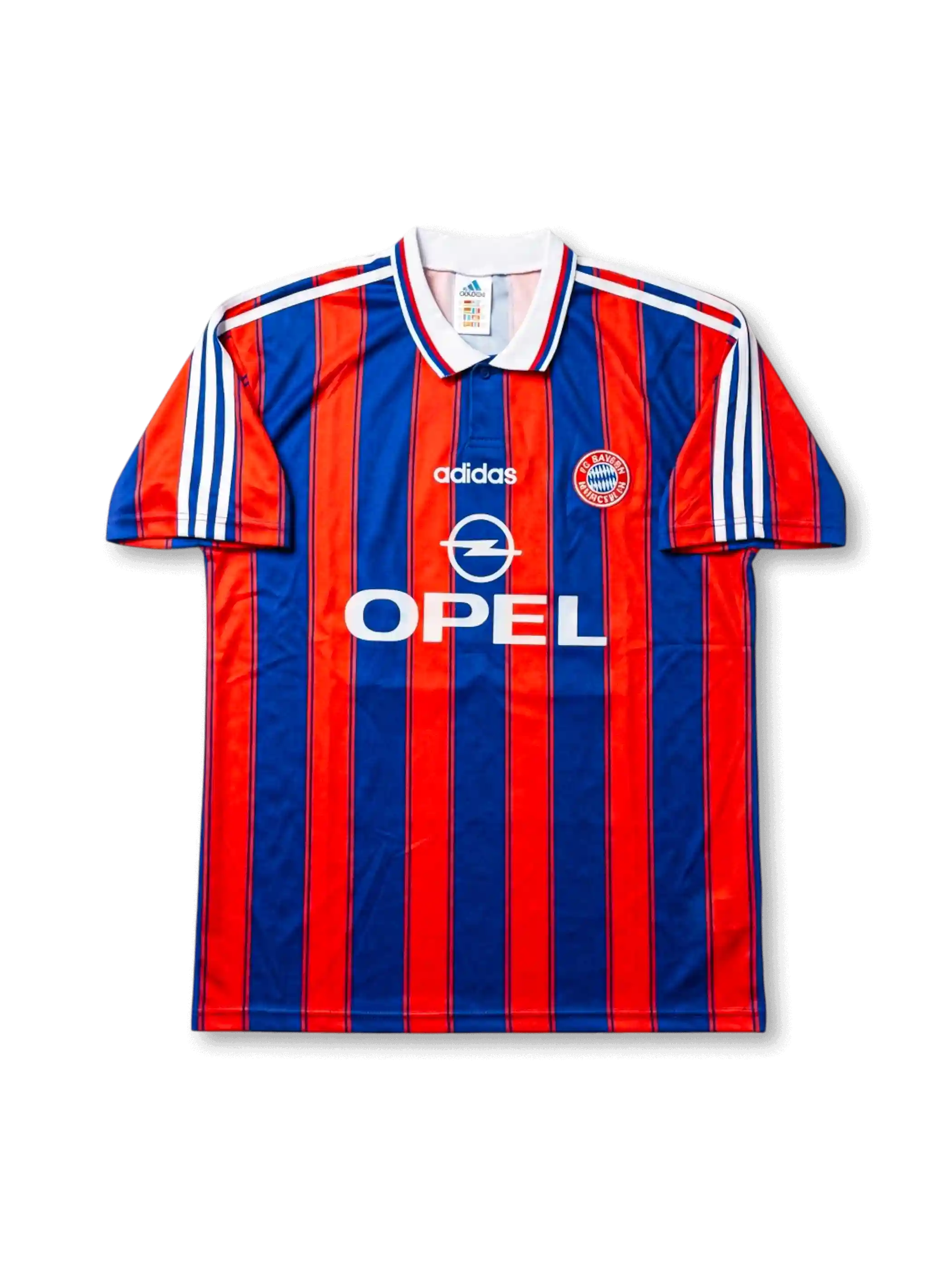 Front view of Bayern Munich 1995-97 home jersey with red and blue vertical stripes, OPEL sponsor, white collar, and club crest.