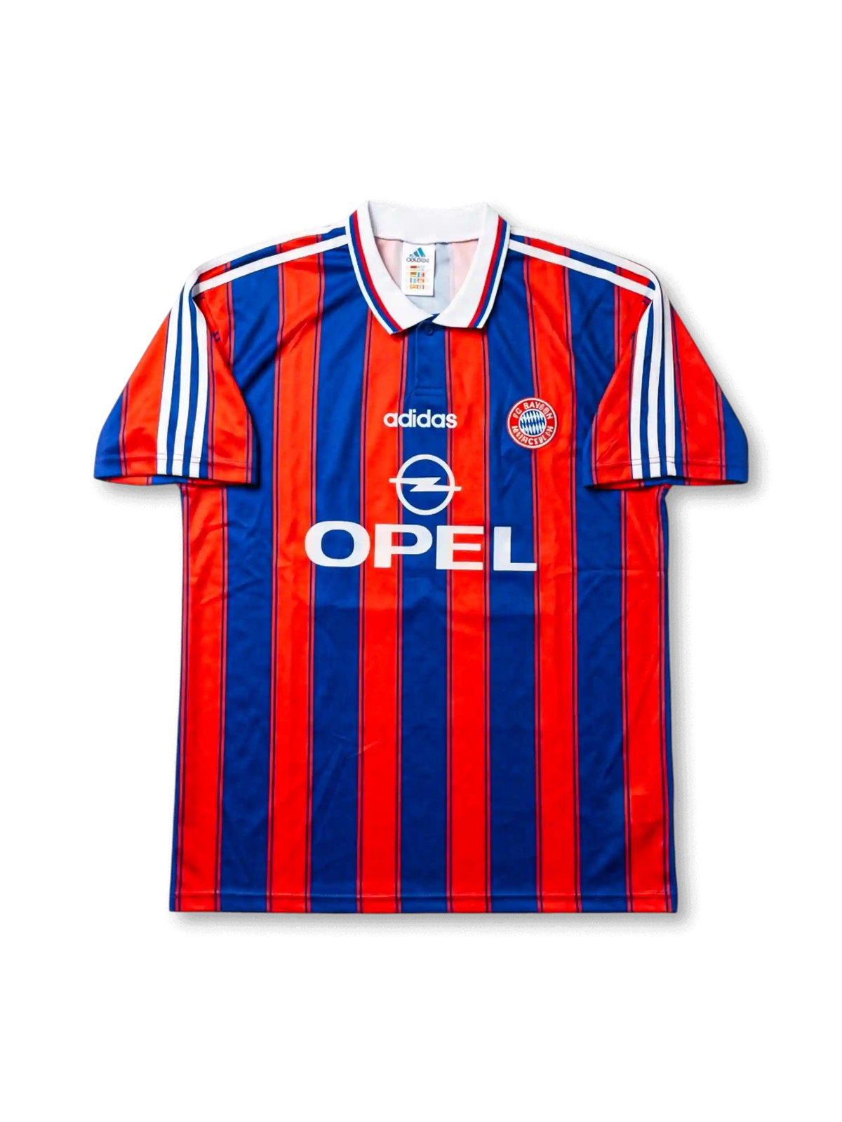 Front view of Bayern Munich 1995-97 home jersey with red and blue vertical stripes, OPEL sponsor, white collar, and club crest.