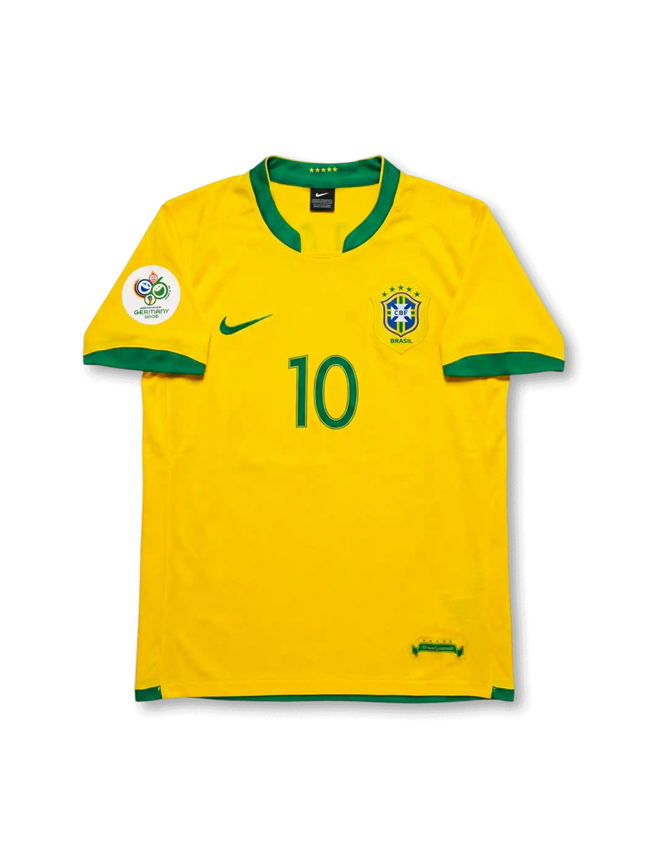  Front view of Brazil 2006 home jersey with yellow body, green trim, CBF crest, #10 front print, and Germany 2006 sleeve patch.