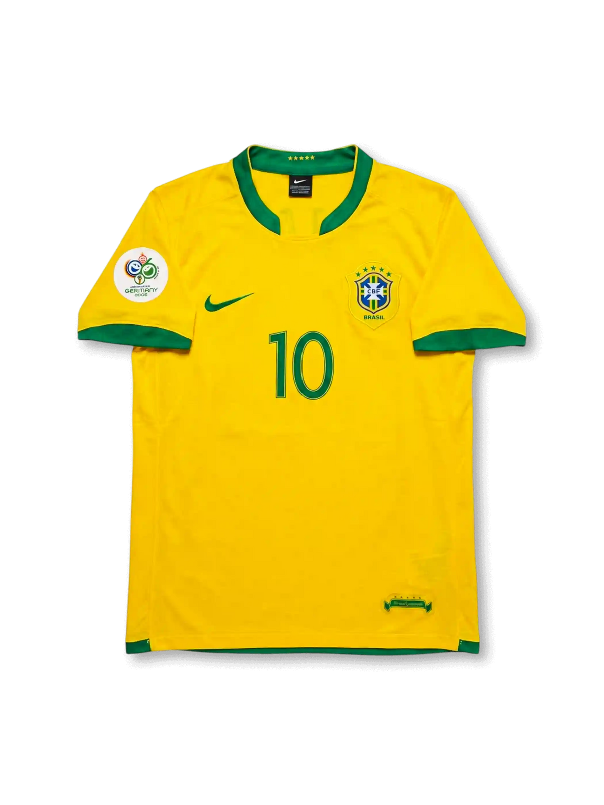  Front view of Brazil 2006 home jersey with yellow body, green trim, CBF crest, #10 front print, and Germany 2006 sleeve patch.