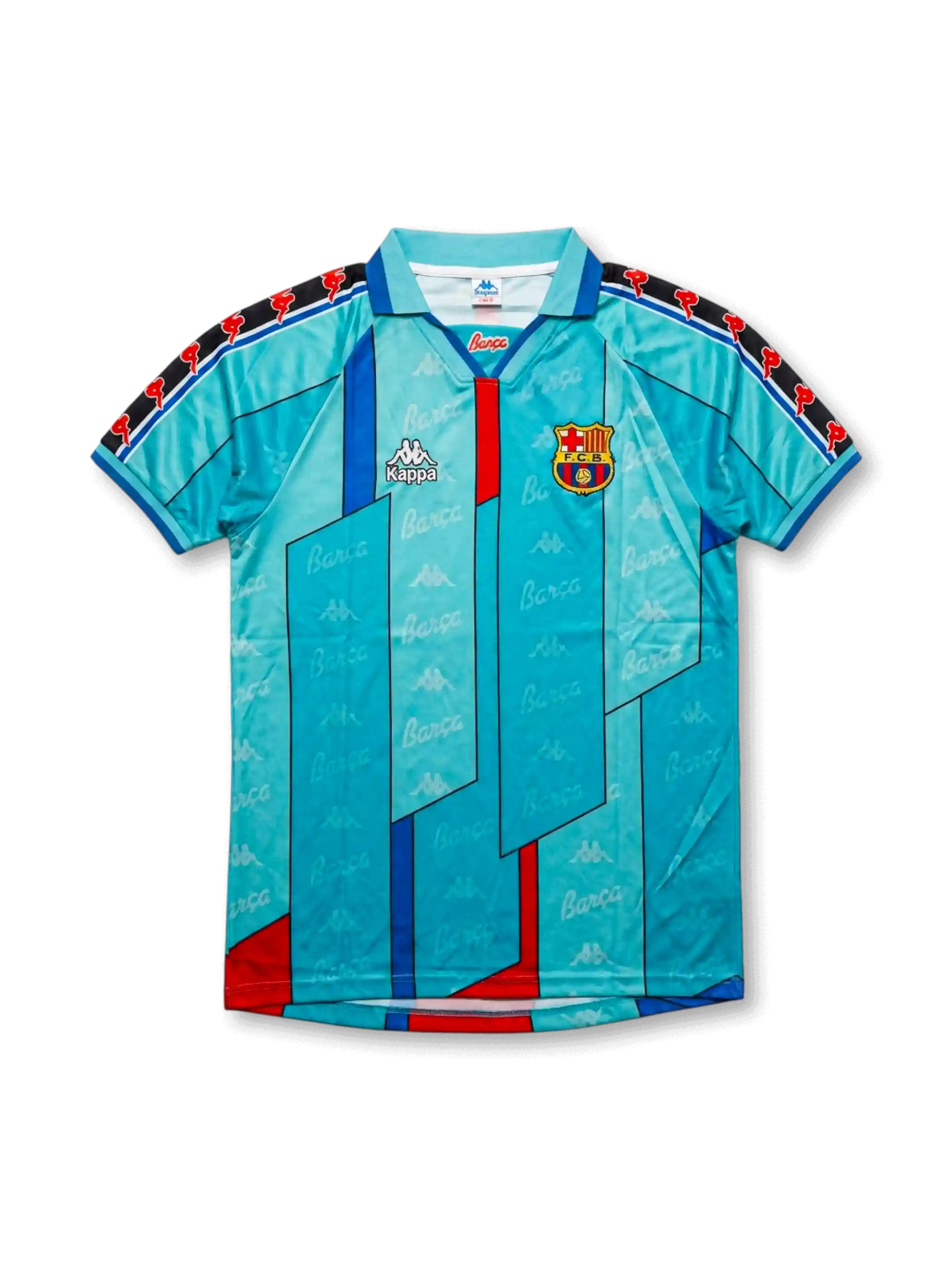 Front view of Barcelona 1996-97 away jersey in turquoise with geometric red and blue design, club crest, Kappa logo, and collar detail.