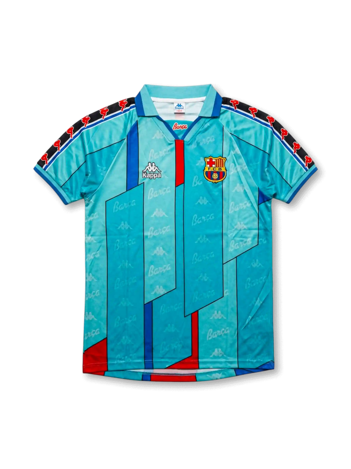Front view of Barcelona 1996-97 away jersey in turquoise with geometric red and blue design, club crest, Kappa logo, and collar detail.