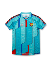 Front view of Barcelona 1996-97 away jersey in turquoise with geometric red and blue design, club crest, Kappa logo, and collar detail.