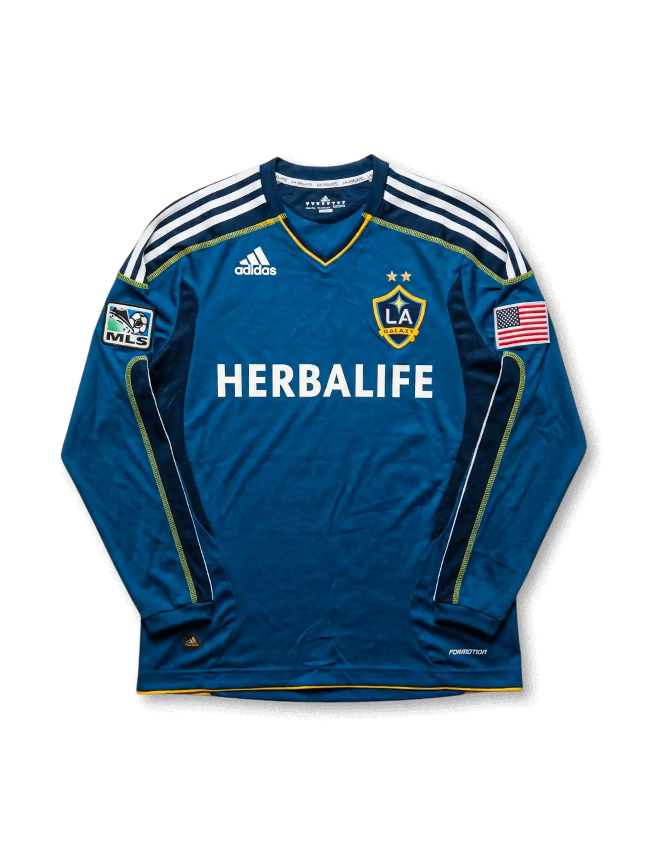 Front view of LA Galaxy 2007-08 away jersey in teal long sleeve design with Herbalife sponsor, MLS patch, U.S. flag patch, and club crest.