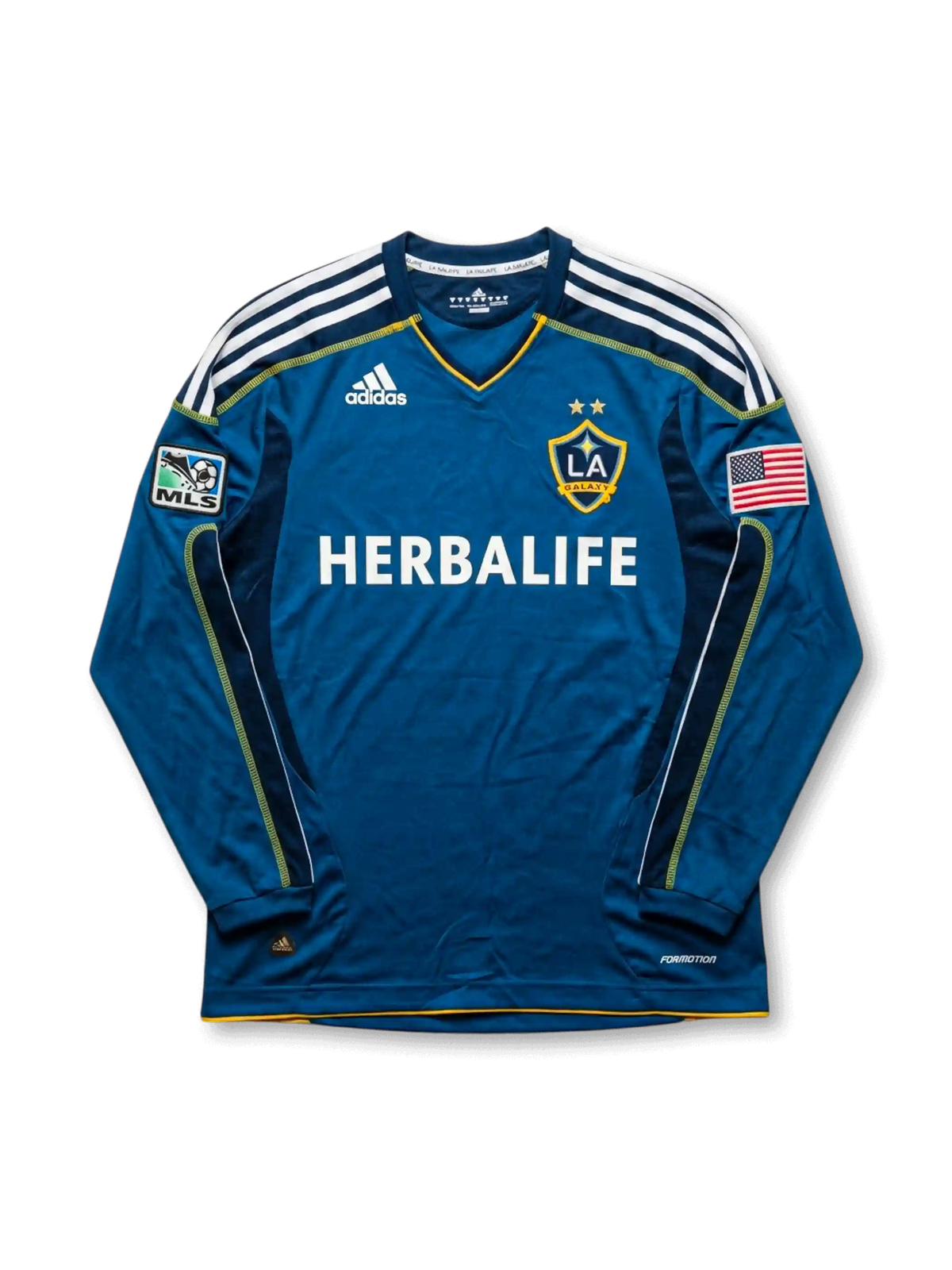 Front view of LA Galaxy 2007-08 away jersey in teal long sleeve design with Herbalife sponsor, MLS patch, U.S. flag patch, and club crest.