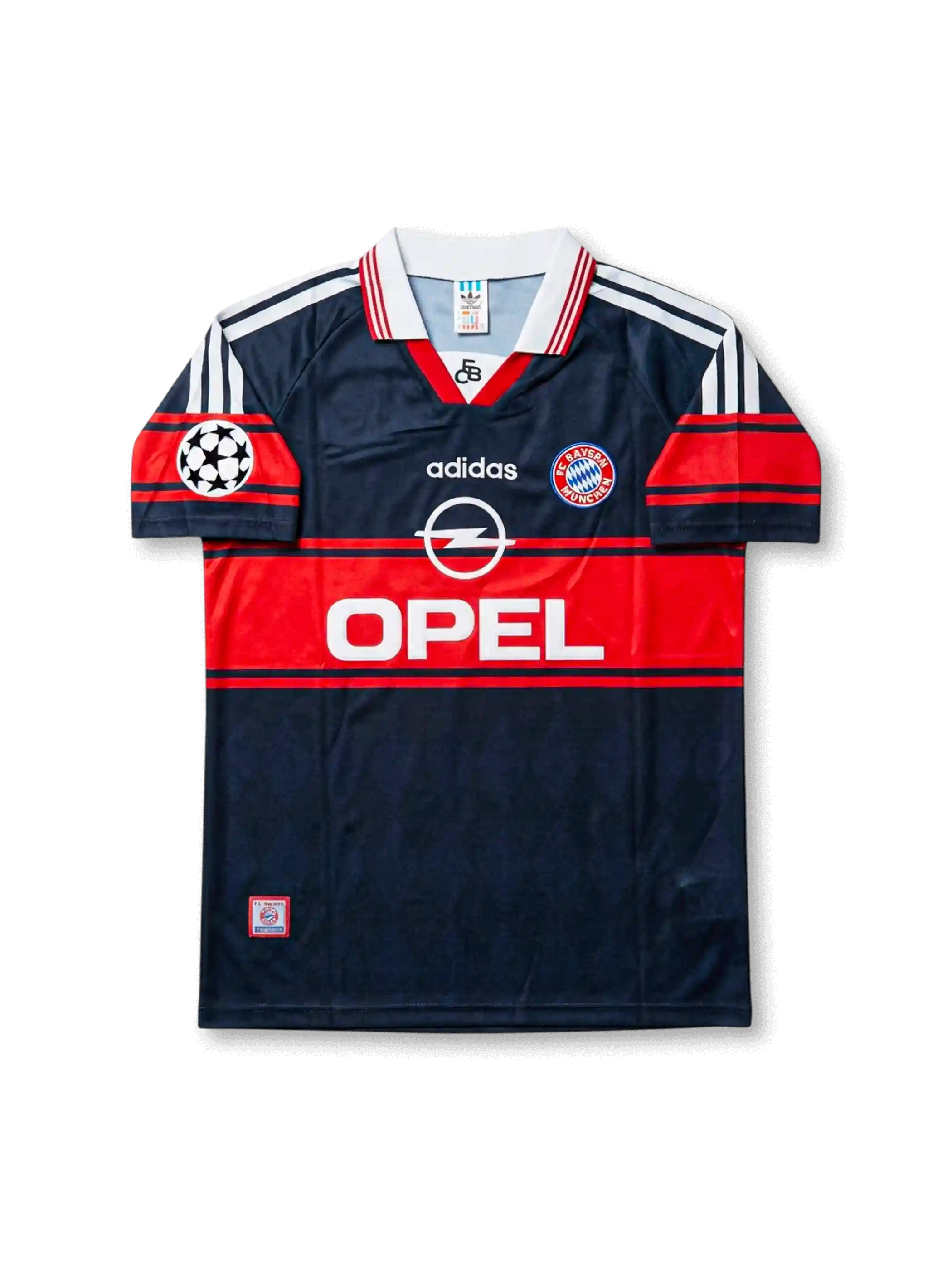 Front view of Bayern Munich 1997-99 away shirt with dark navy and red design, club crest, sponsor logo, and Champions League sleeve patch.