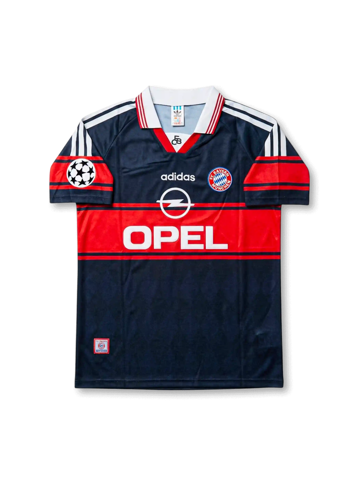 Front view of Bayern Munich 1997-99 away shirt with dark navy and red design, club crest, sponsor logo, and Champions League sleeve patch.