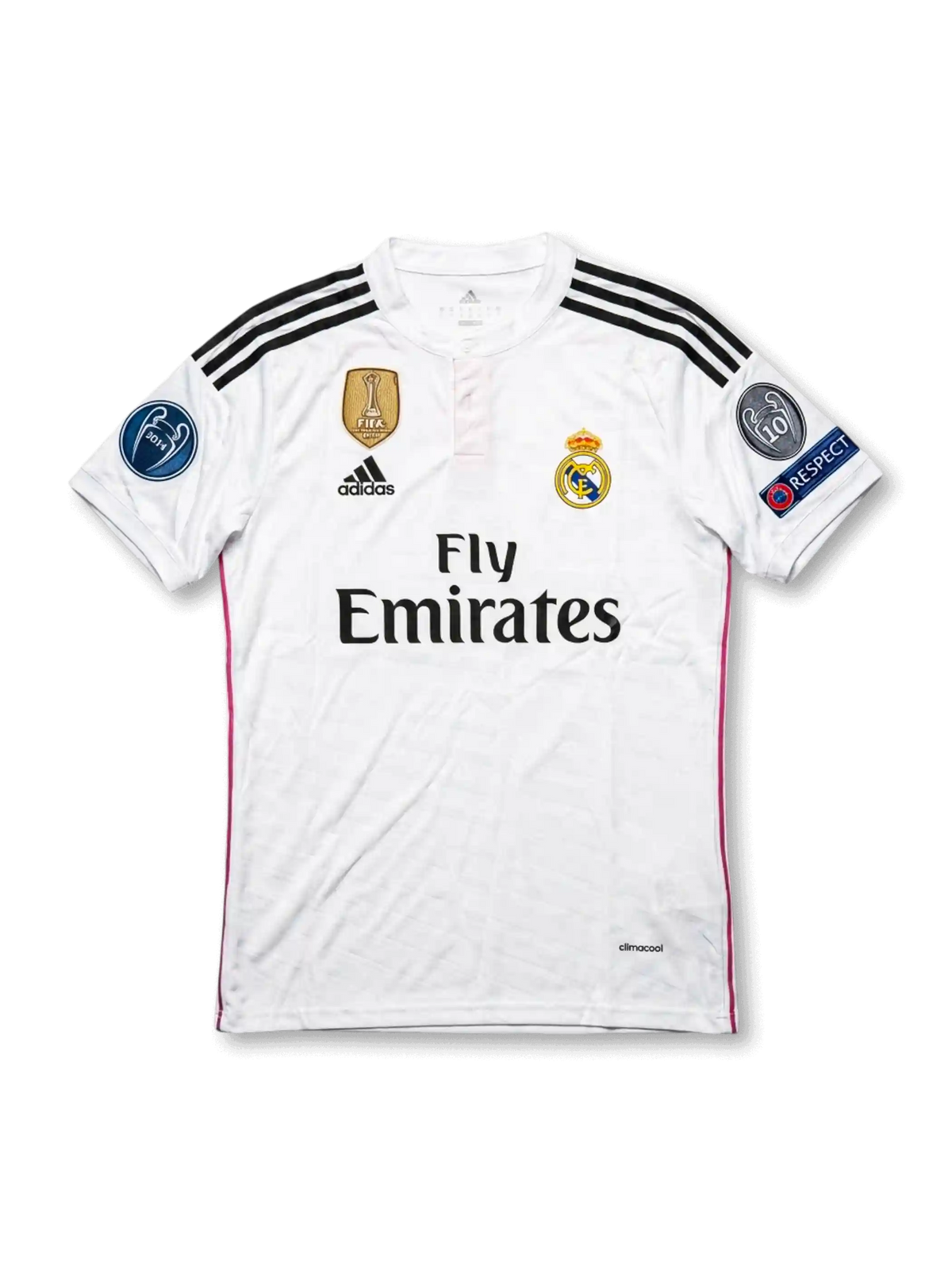 Front view of Real Madrid 2014-15 home shirt with white base, club crest, Fly Emirates sponsor, FIFA World Champions badge, and Champions League sleeve patches.
