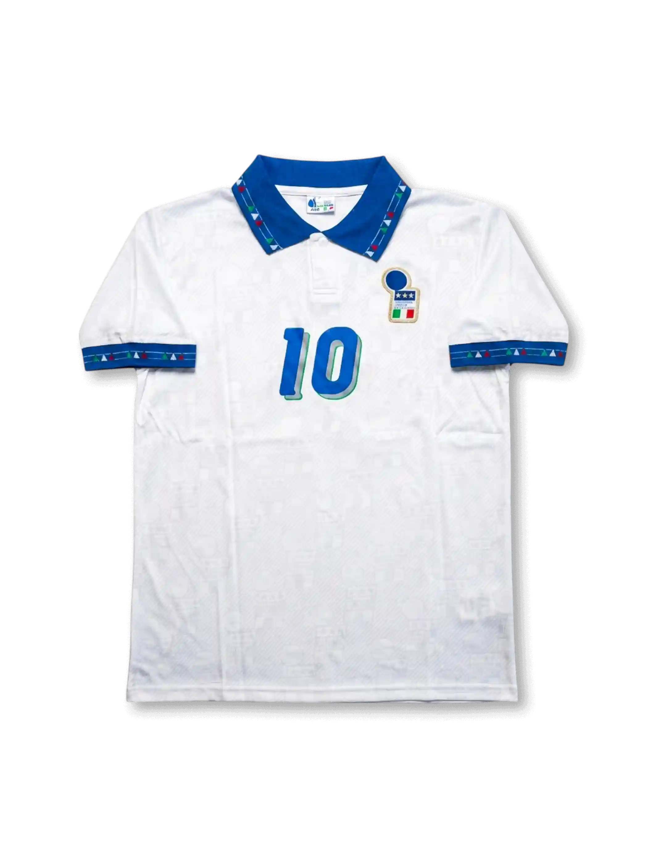 Front view of Italy 1994 World Cup away shirt with white base, blue collar, Italy crest, central #10 print, and geometric trim details.