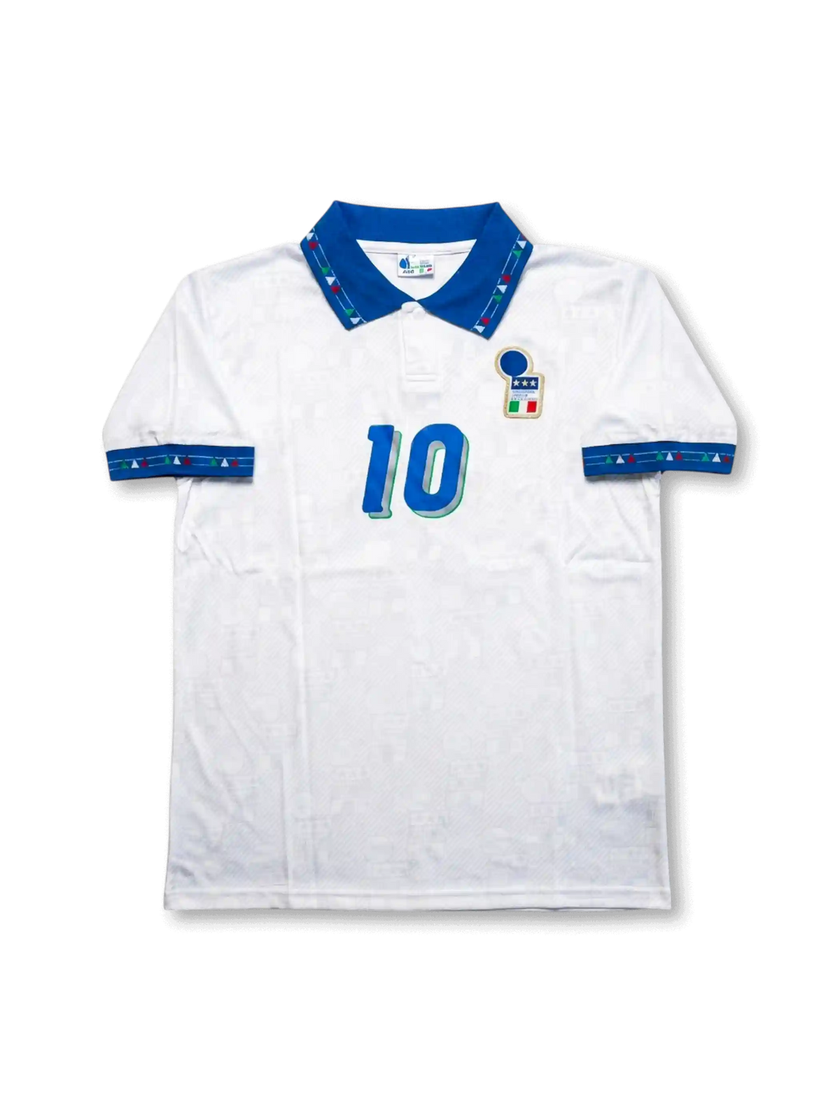Front view of Italy 1994 World Cup away shirt with white base, blue collar, Italy crest, central #10 print, and geometric trim details.