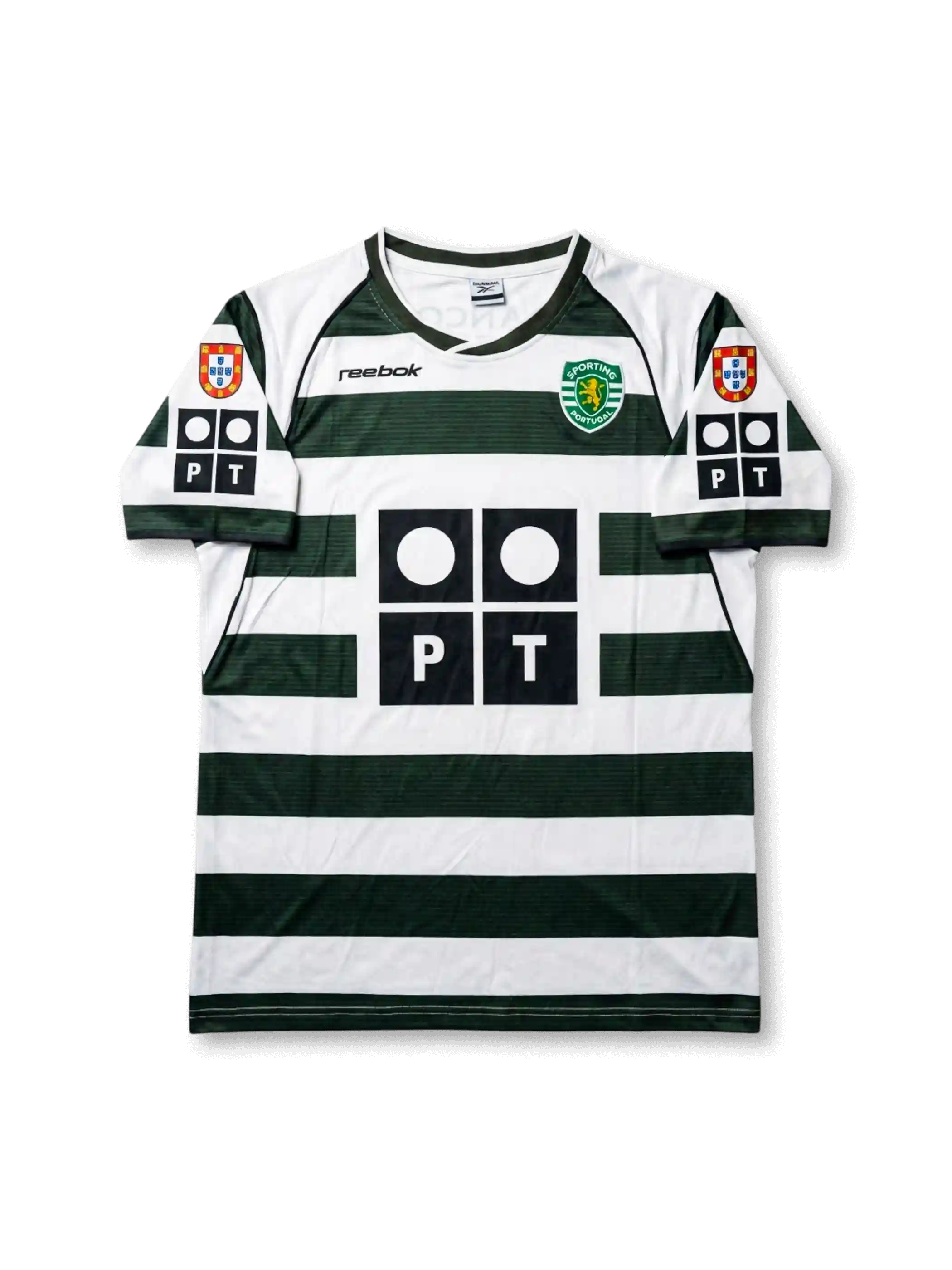 Front view of Sporting CP 2002-03 home shirt with green and white hoops, club crest, PT sponsor logo, and Portuguese league sleeve patches.