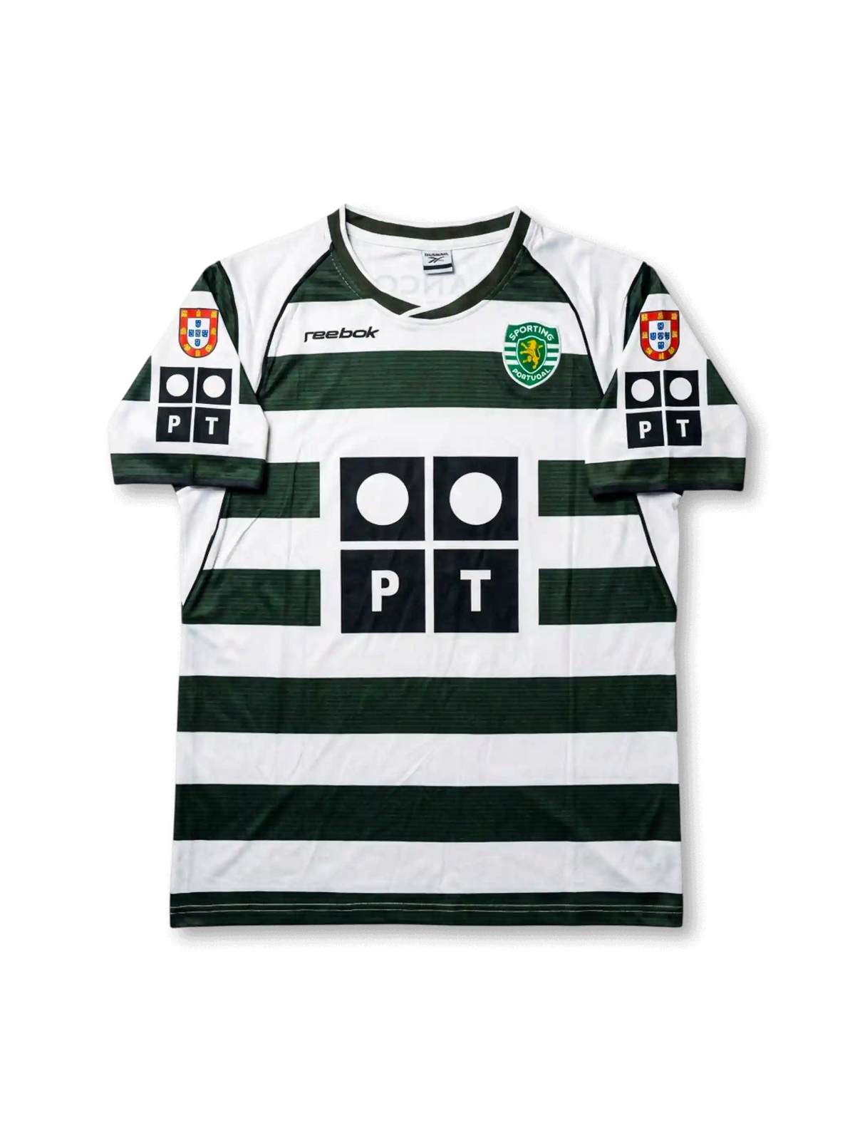 Front view of Sporting CP 2002-03 home shirt with green and white hoops, club crest, PT sponsor logo, and Portuguese league sleeve patches.
