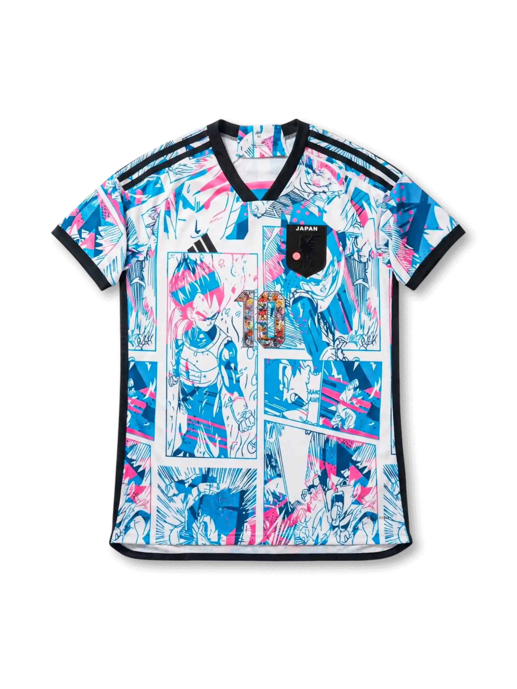 Front view of Japan Dragon Ball Super collaboration shirt with all-over manga panel graphics, Japan chest patch, central #10 detail, and black trim.