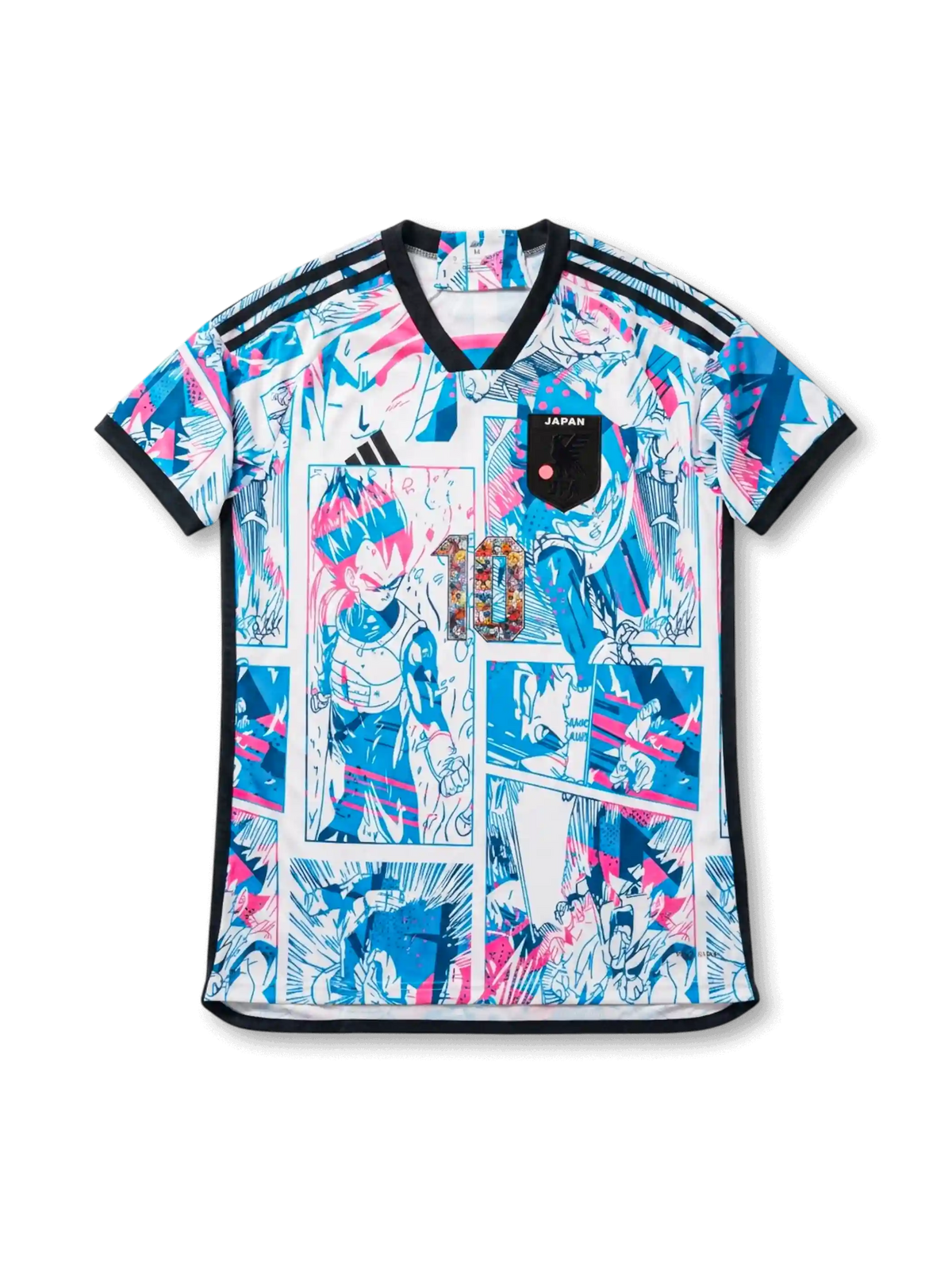 Front view of Japan Dragon Ball Super collaboration shirt with all-over manga panel graphics, Japan chest patch, central #10 detail, and black trim.