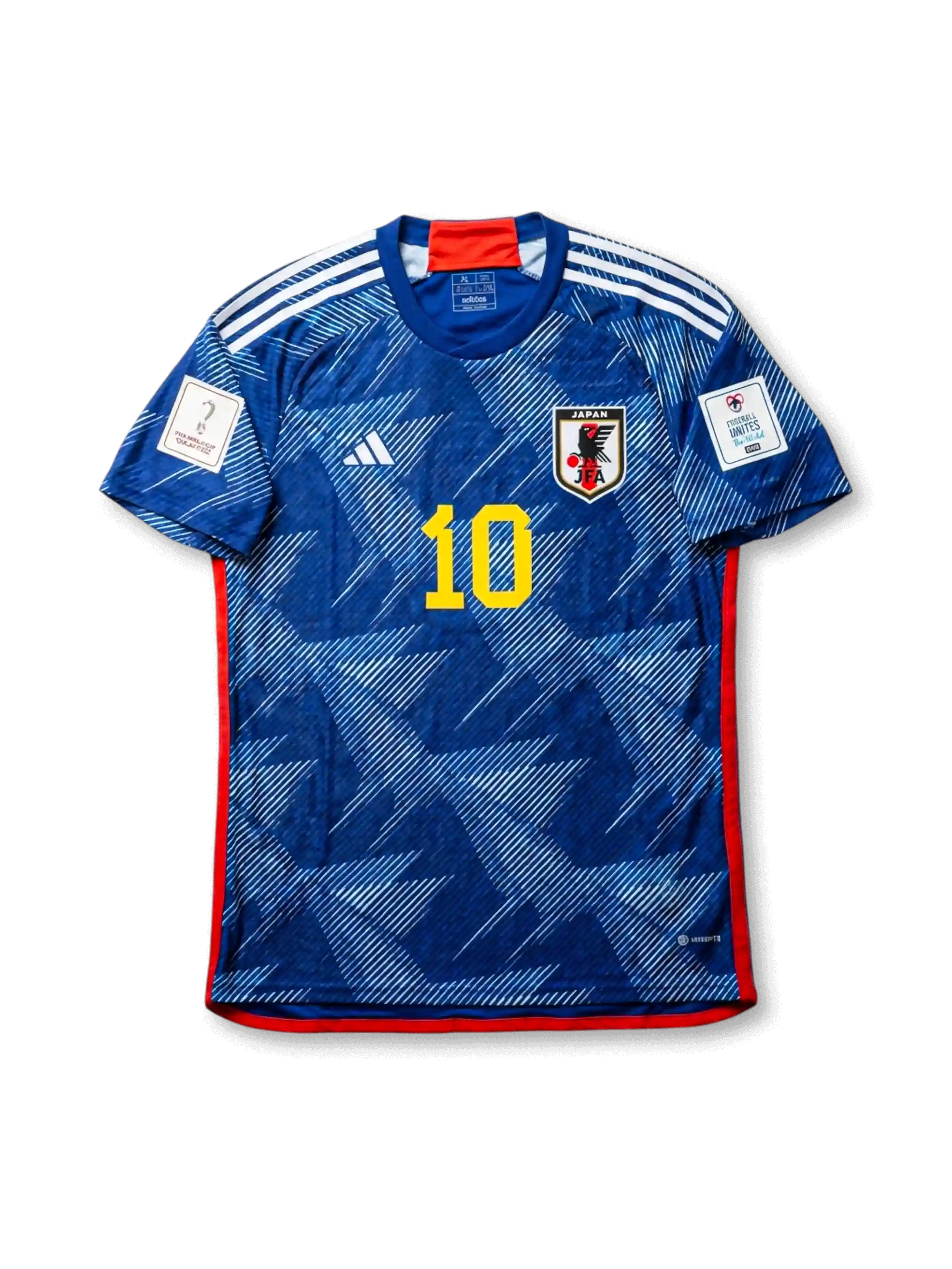 Front view of Japan 2022 World Cup home shirt with blue origami-inspired pattern, Japan crest, yellow #10 print, red trim, and Qatar 2022 sleeve patch.