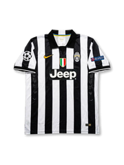 Juventus 2013-14 home jersey front view with Jeep sponsor, Scudetto patch, and UEFA Champions League badge