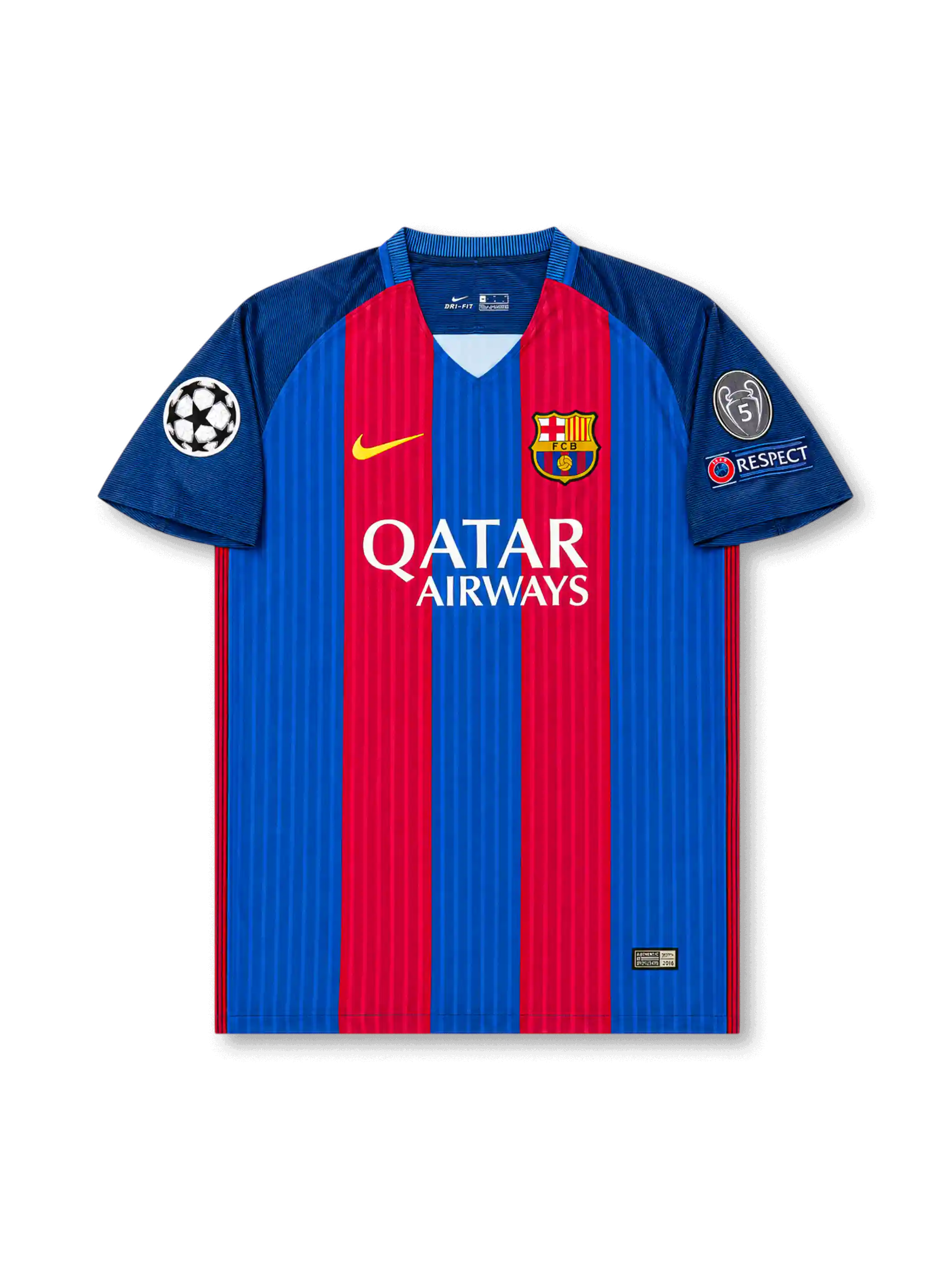 Front view of Barcelona 2016-17 home jersey with red-and-blue stripes, Qatar Airways sponsor, club crest, Champions League sleeve patch, five-title badge, and UEFA Respect patch.