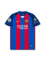 Front view of Barcelona 2016-17 home jersey with red-and-blue stripes, Qatar Airways sponsor, club crest, Champions League sleeve patch, five-title badge, and UEFA Respect patch.