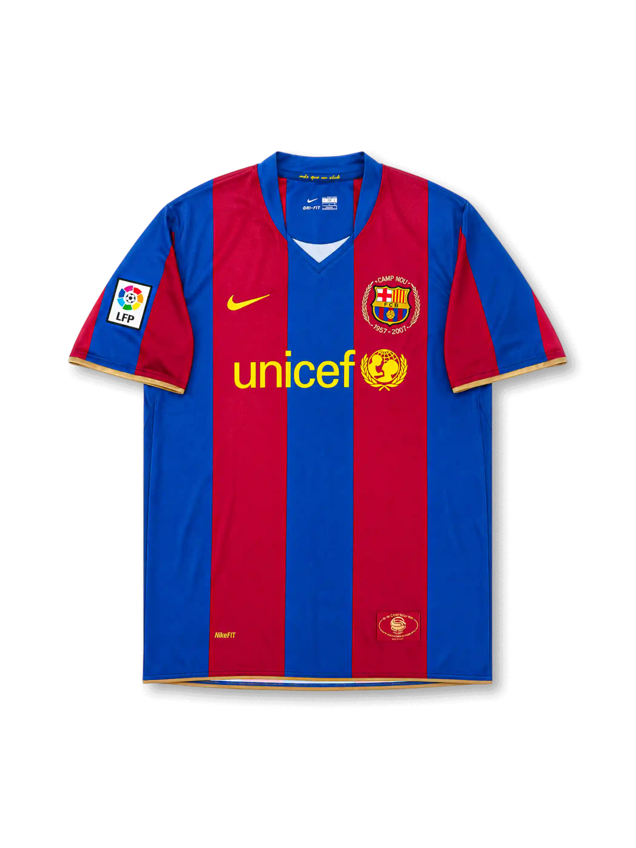 Front view of Barcelona 2006-07 home jersey with red-and-blue stripes, UNICEF sponsor, Camp Nou 1957-2007 anniversary crest, LFP sleeve patch, and gold trim details.