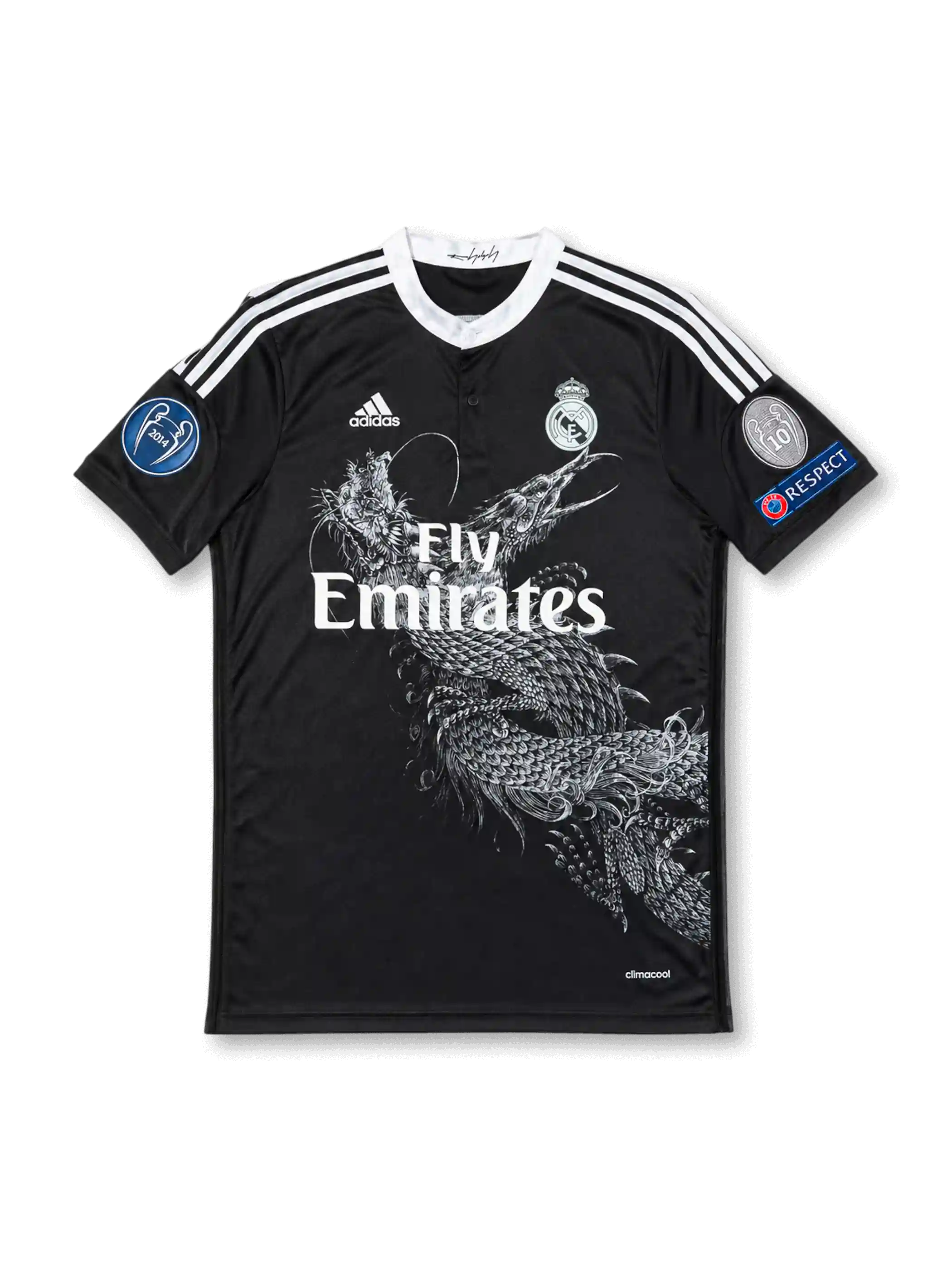 Front view of Real Madrid 2014-15 Yohji Yamamoto black third jersey with dragon graphic, Fly Emirates sponsor, monochrome club crest, Champions League sleeve patches, and white shoulder stripes.