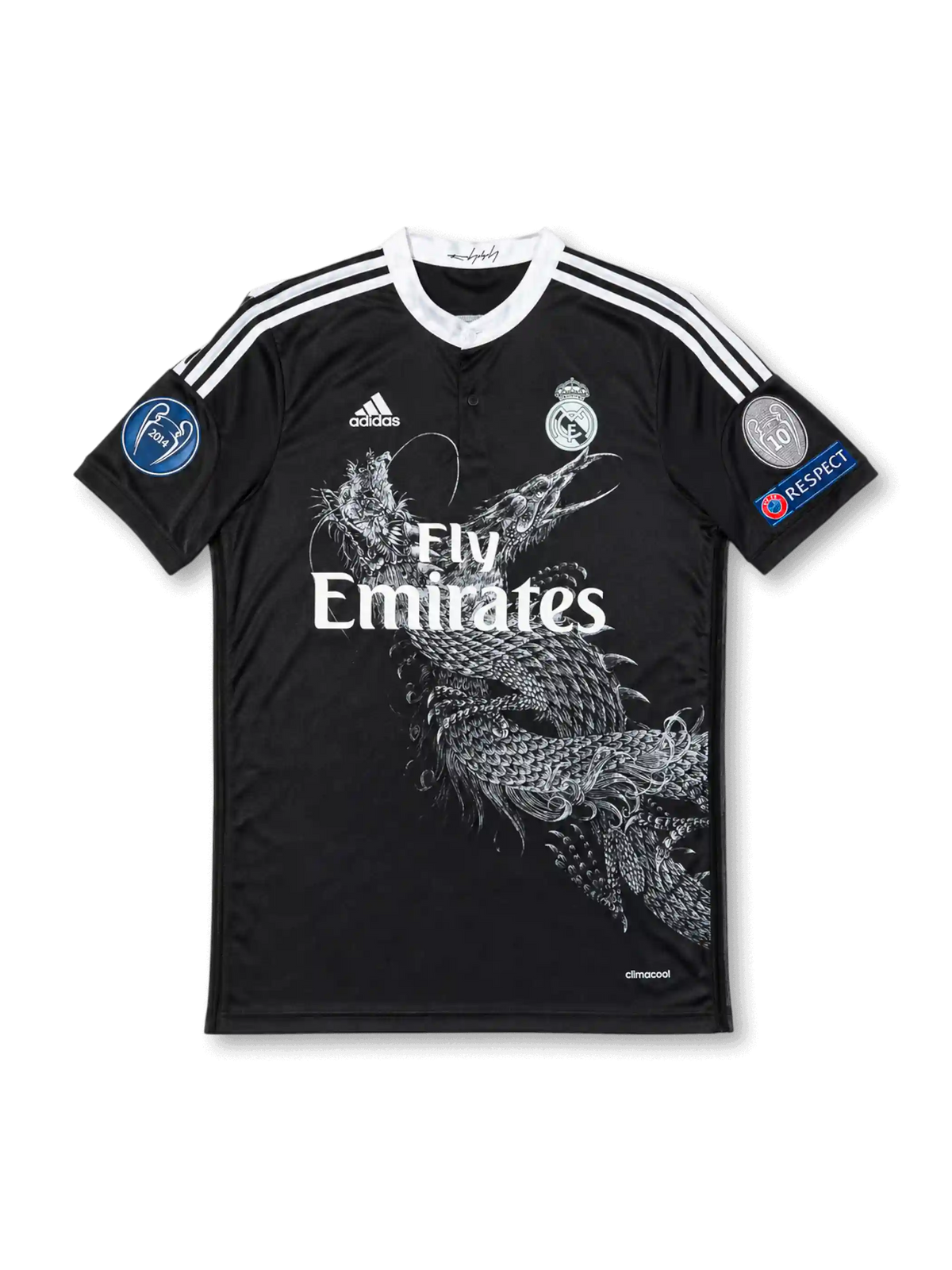 Front view of Real Madrid 2014-15 Yohji Yamamoto black third jersey with dragon graphic, Fly Emirates sponsor, monochrome club crest, Champions League sleeve patches, and white shoulder stripes.