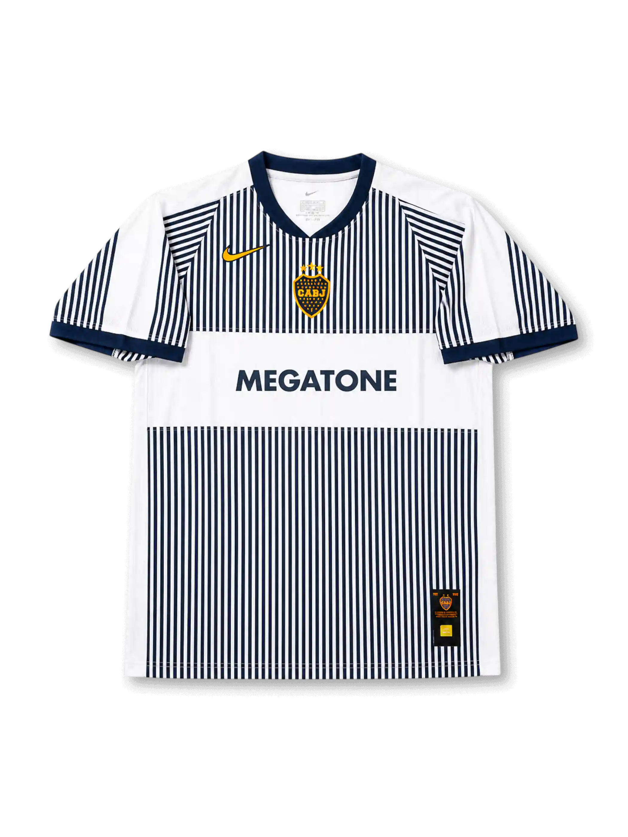 Front view of Boca Juniors 2006-07 away jersey with white and navy pinstripe design, Megatone sponsor, club crest, yellow swoosh detail, and navy collar trim.