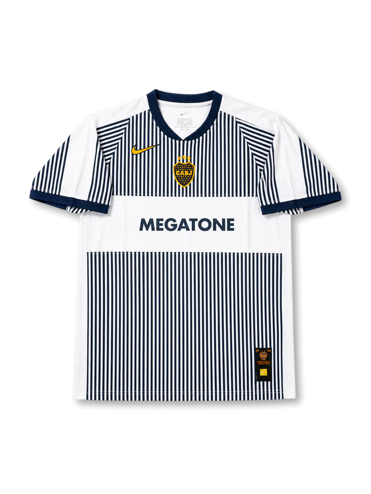 Front view of Boca Juniors 2006-07 away jersey with white and navy pinstripe design, Megatone sponsor, club crest, yellow swoosh detail, and navy collar trim.
