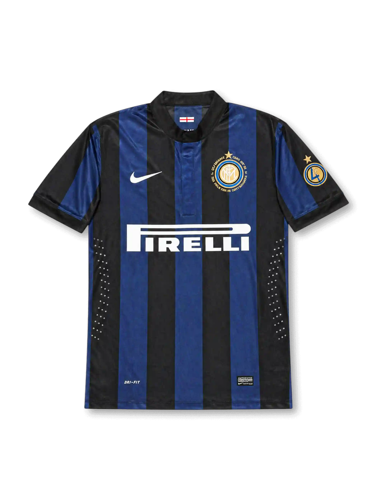 Front view of Inter Milan 2007-08 home jersey with black and blue stripes, Pirelli sponsor, centenary crest detail, white swoosh, and Serie A sleeve patch.