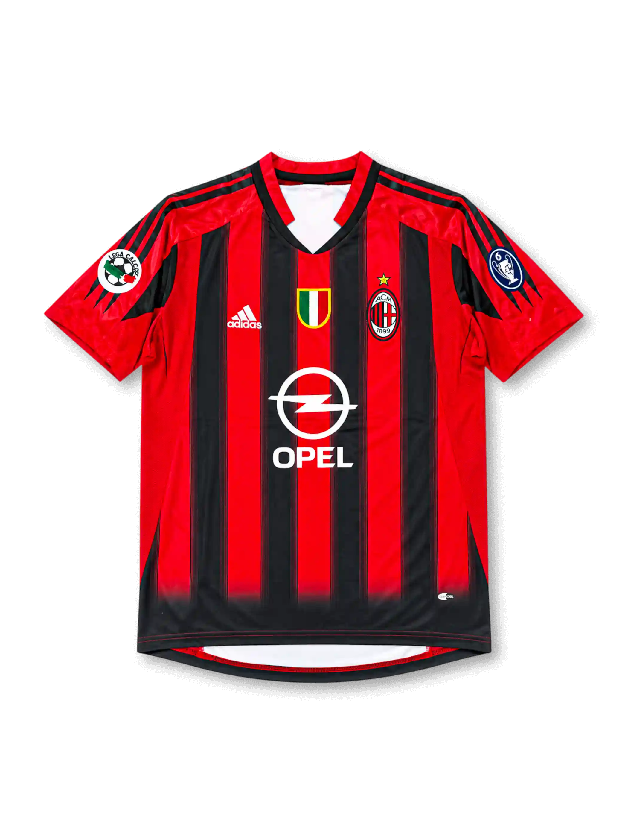 Front view of AC Milan 1999-00 home jersey with red and black stripes, Opel sponsor, Scudetto shield, club crest, and sleeve patches.