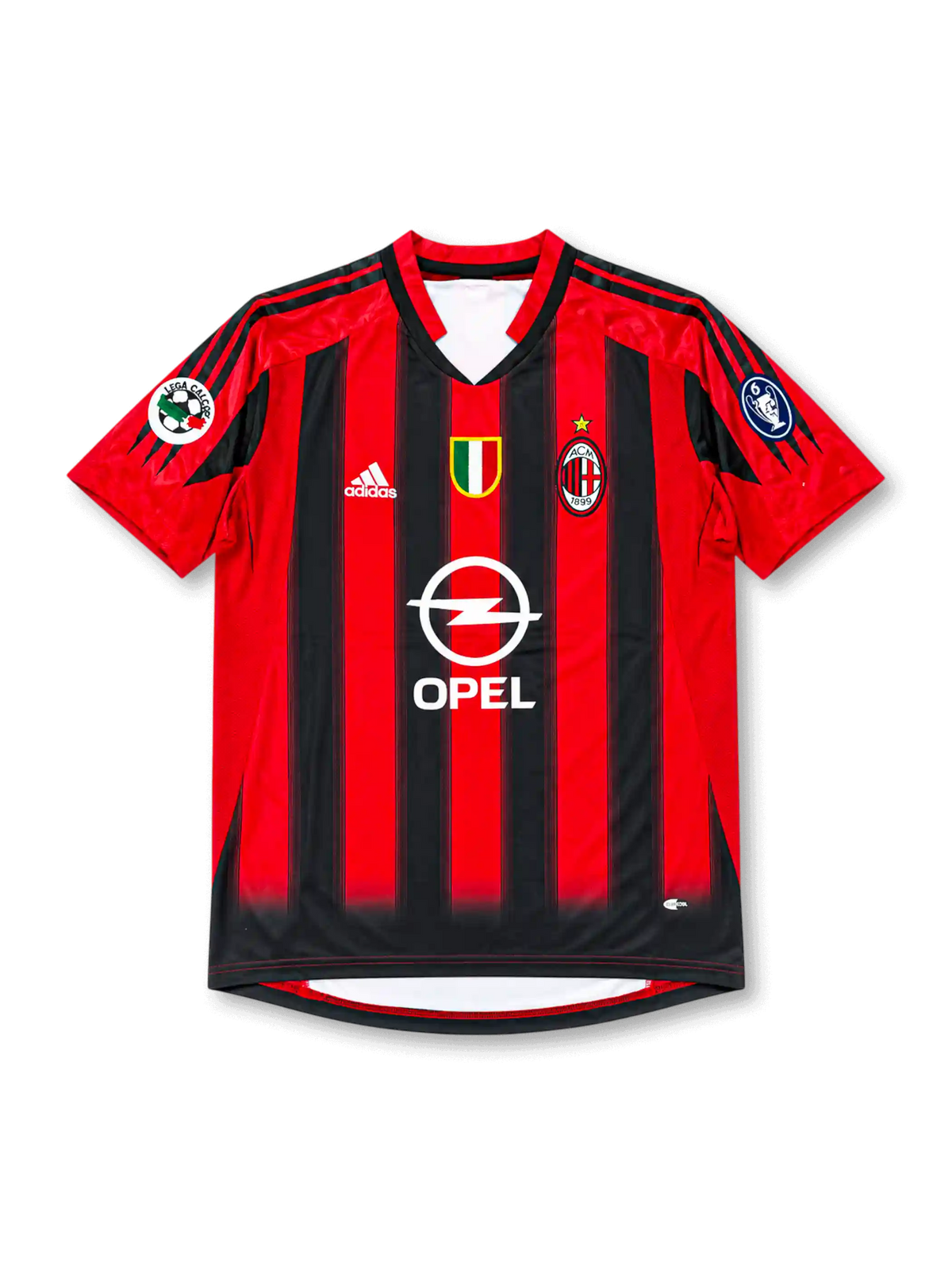 Front view of AC Milan 1999-00 home jersey with red and black stripes, Opel sponsor, Scudetto shield, club crest, and sleeve patches.