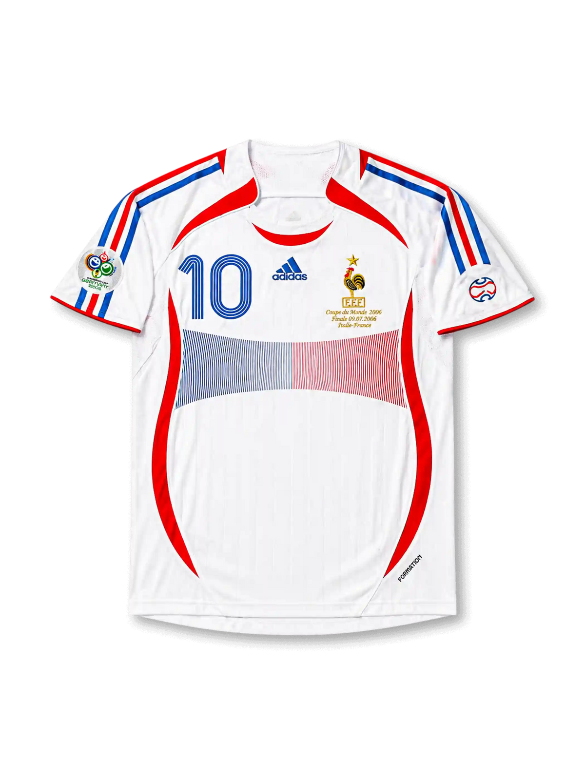 Front view of France 2006 World Cup Final away shirt with white base, red and blue panel design, France crest, central #10 print, final match embroidery, and Germany 2006 sleeve patch.