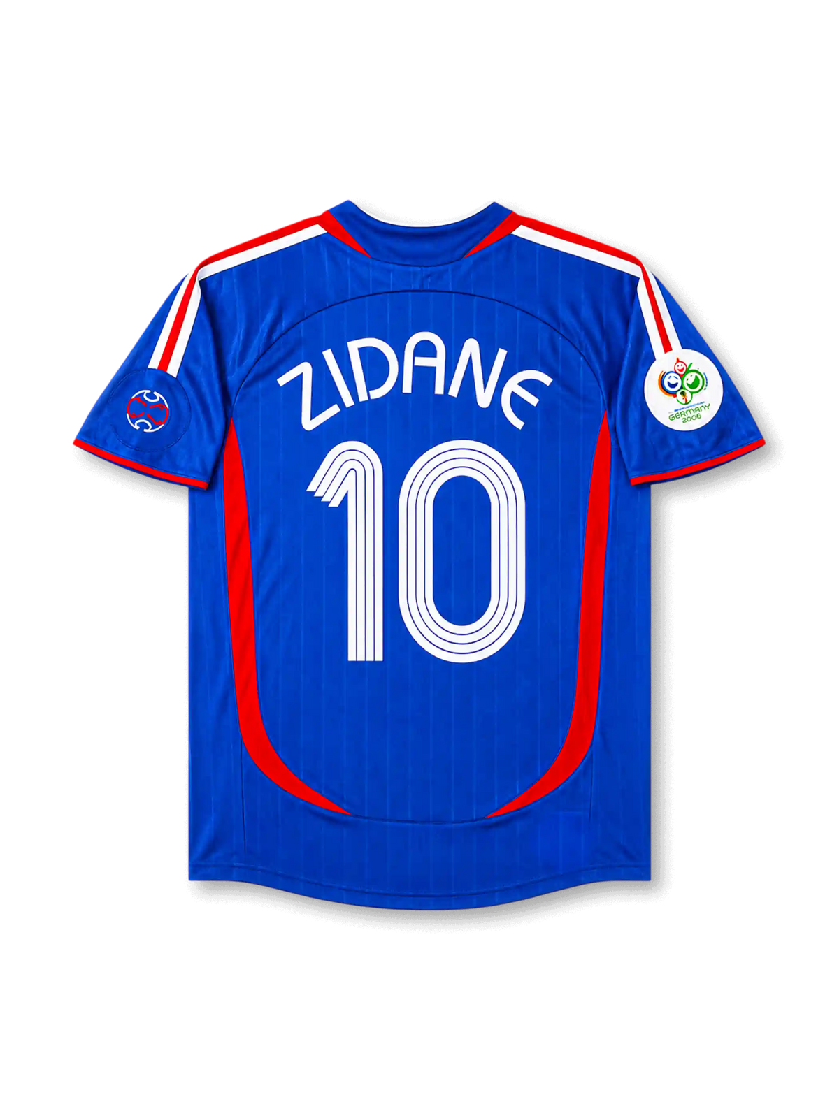 Back view of France 2006 World Cup home shirt with Zidane name and #10 printing, red curved side panels, royal blue base, and Germany 2006 sleeve patch.