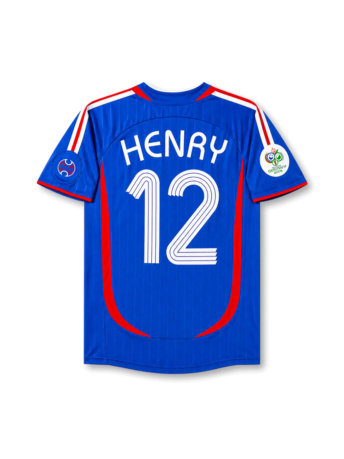 Back view of France 2006 World Cup home shirt with Henry name and #12 printing, red curved side panels, royal blue base, and Germany 2006 sleeve patch.