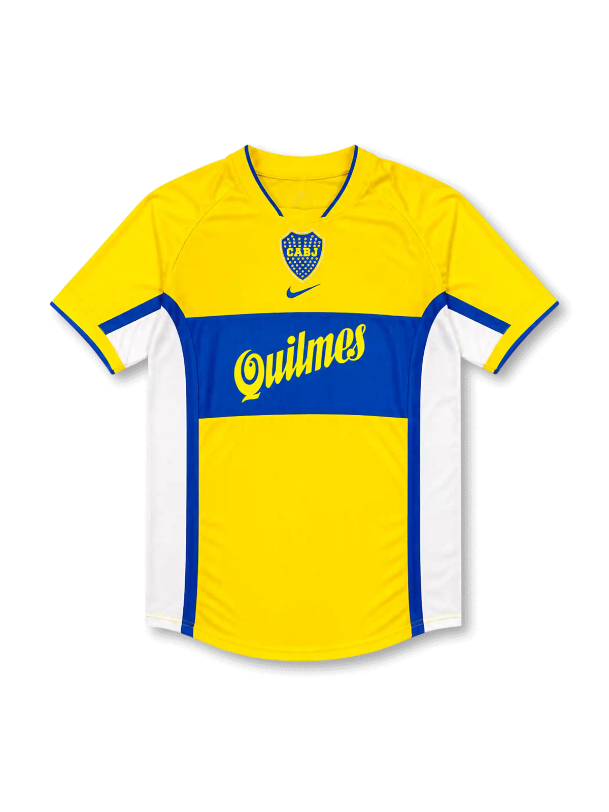 Front view of Boca Juniors 2000s away shirt with yellow base, blue chest band, CABJ crest, Quilmes sponsor, and white side panels.