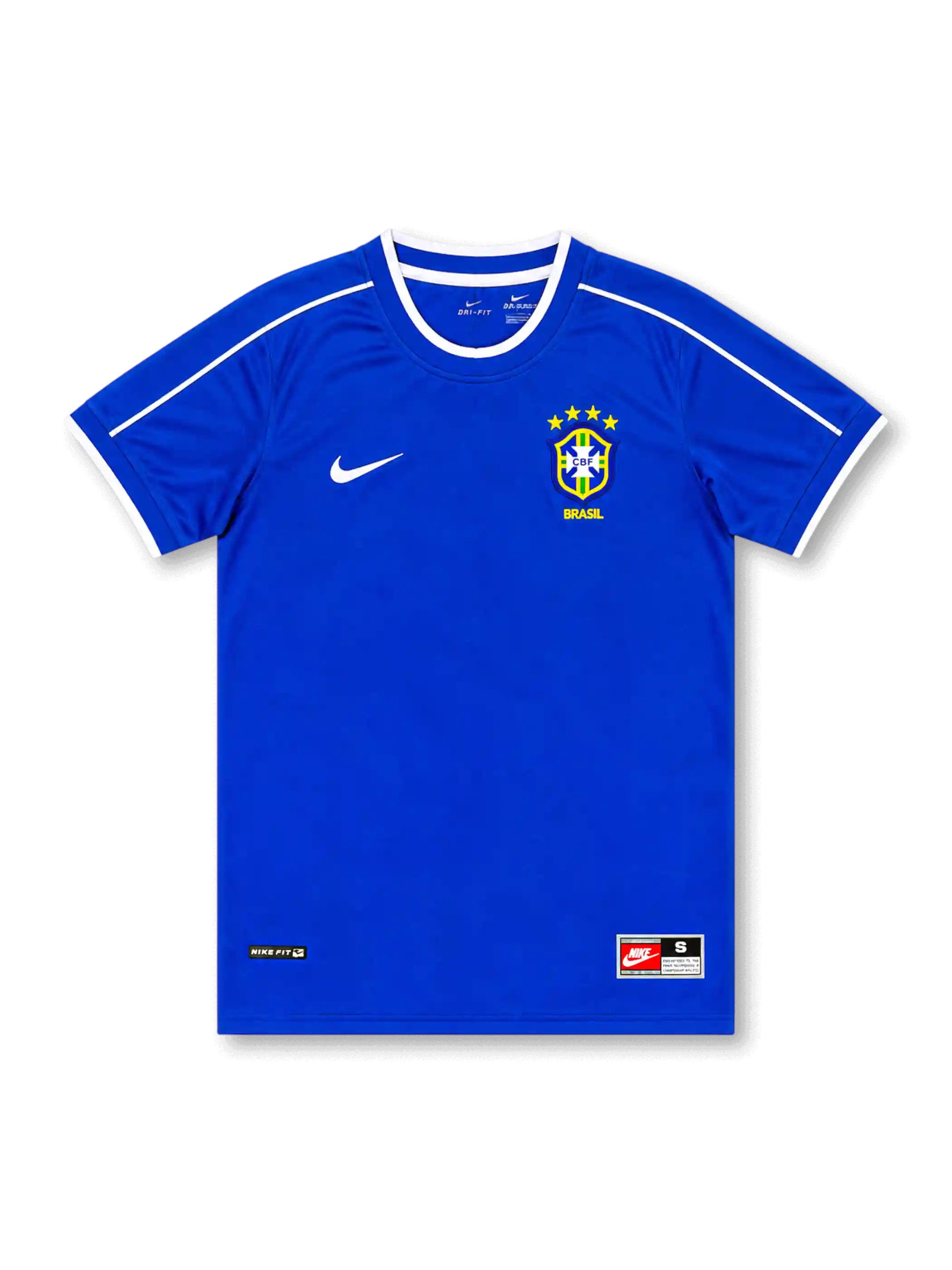 Front view of Brazil 1990s away shirt with royal blue base, CBF crest, white shoulder piping, white sleeve trim, and lower hem label detail.