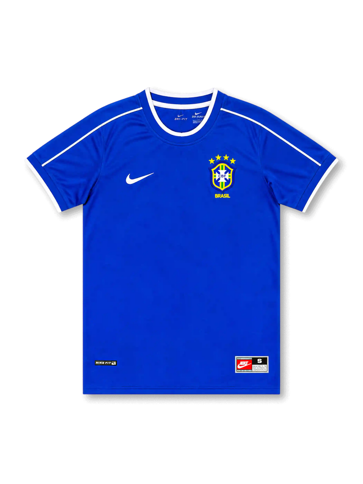 Front view of Brazil 1990s away shirt with royal blue base, CBF crest, white shoulder piping, white sleeve trim, and lower hem label detail.