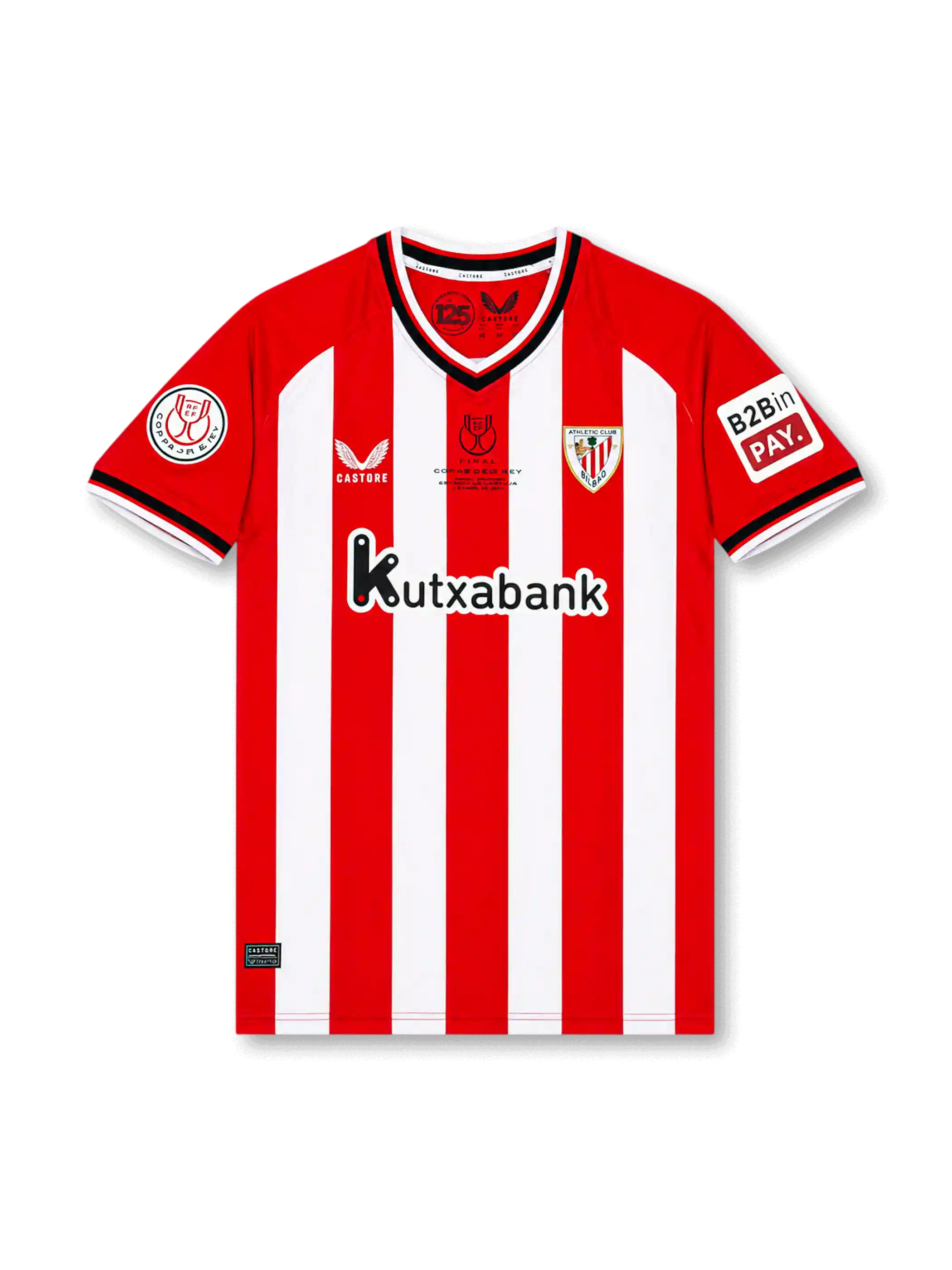 Front view of Athletic Club 2023-24 home shirt with red and white stripes, club crest, Kutxabank sponsor, Copa del Rey sleeve patch, and commemorative chest detail.